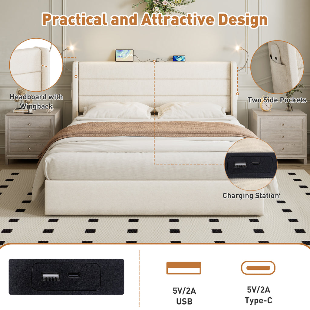Double Upholstered Bed with Charging Station, Linen Hydraulic Storage Bed with Adjustable LED Reading Light, 4ft6 Double Bed with USB and Type - C Ports, Beige (No Mattress)