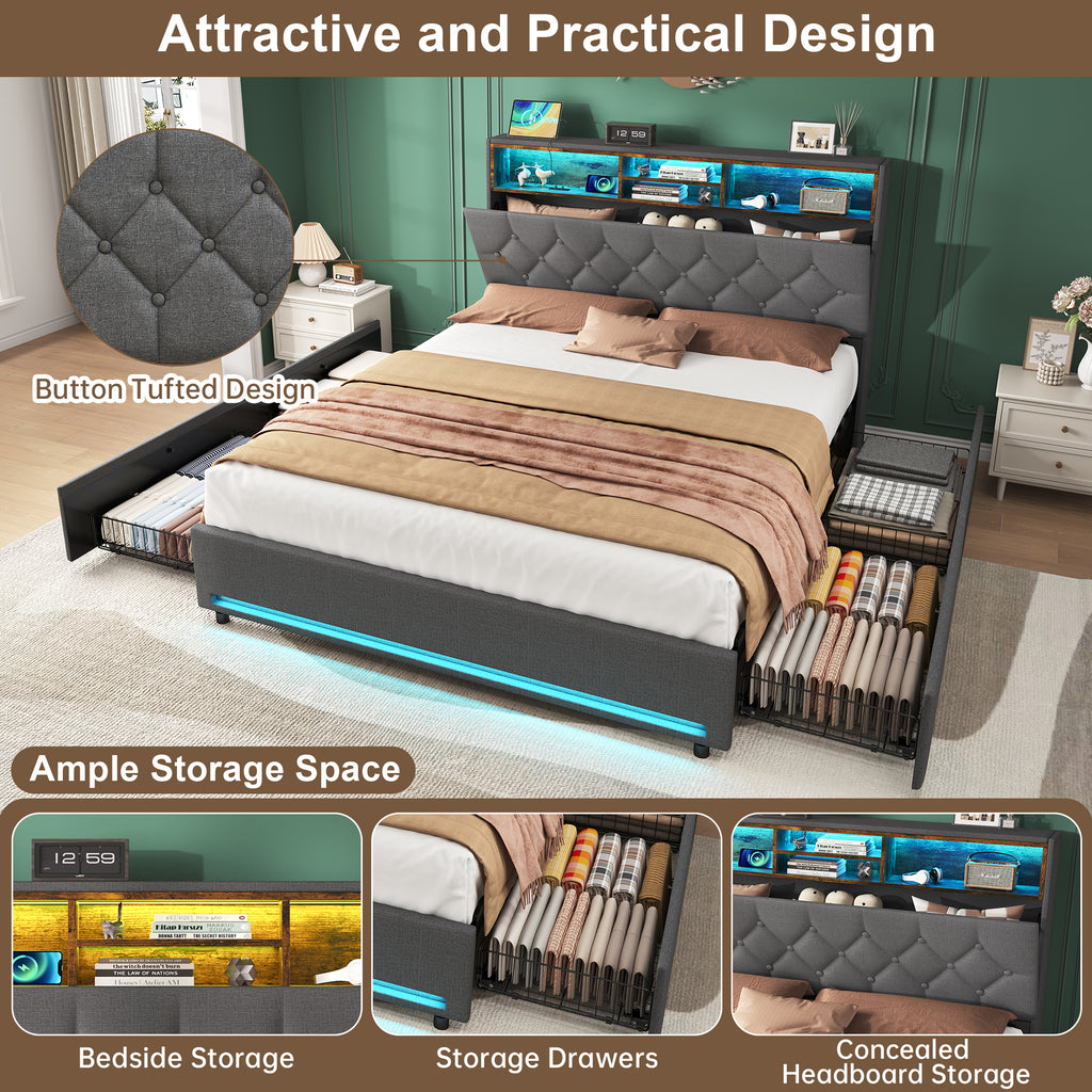 Double Bed with 4 Storage Drawers, Bed Frame with Concealed Headboard Storage, Button Tufted Headboard with RGB LED Lighting and Charging Station, Linen, Grey(No Mattress)