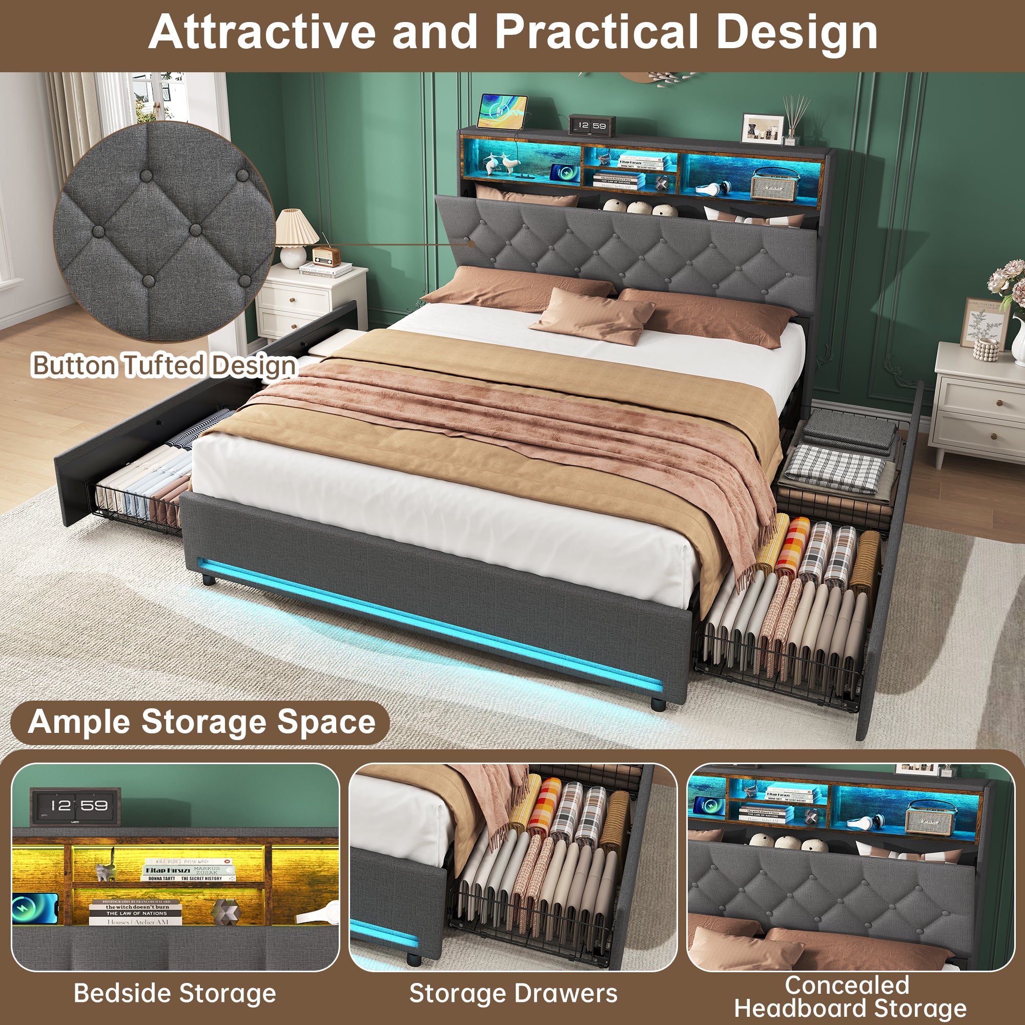 Double Bed with 4 Storage Drawers, Bed Frame with Concealed Headboard Storage, Button Tufted Headboard with RGB LED Lighting and Charging Station, Linen, Grey(No Mattress)