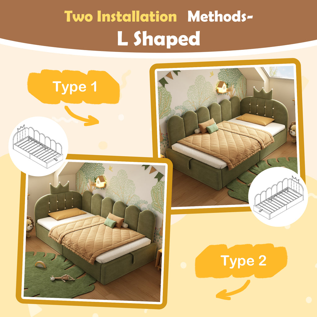 Upholstered Daybed with Hydraulic Storage, 3FT Single Sofa Bed 90 x 190 cm, Crown-shaped Bed Guest Beds for Adults & Children, Velvet, Green (No Mattress)