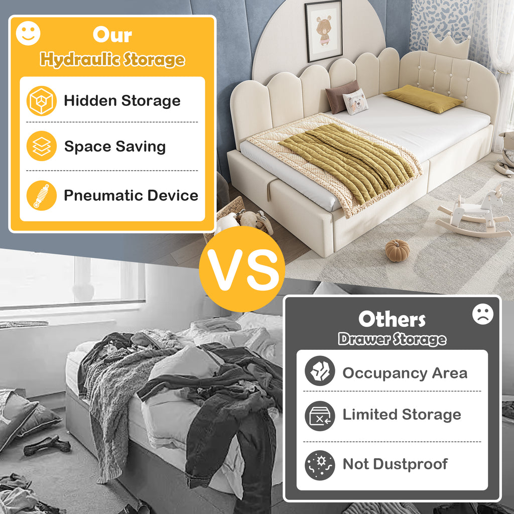 Upholstered Daybed with Hydraulic Storage, 3FT Single Sofa Bed 90 x 190 cm, Crown-shaped Bed Guest Beds for Adults & Children, Velvet, Beige (No Mattress)