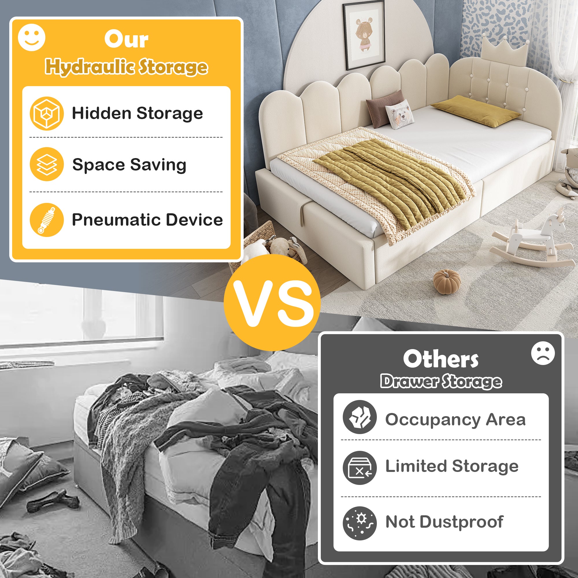 Upholstered Daybed with Hydraulic Storage, 3FT Single Sofa Bed 90 x 190 cm, Crown-shaped Bed Guest Beds for Adults & Children, Velvet, Beige (No Mattress)