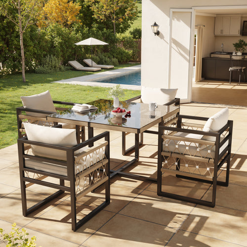 Hand-Woven Garden Sofa Set for 4 People / Made of Sturdy Iron with 4 Beige Cushions / Incl. 1 Safety Glass Table & 4 Armchairs / Weather-Resistant Patio Furniture