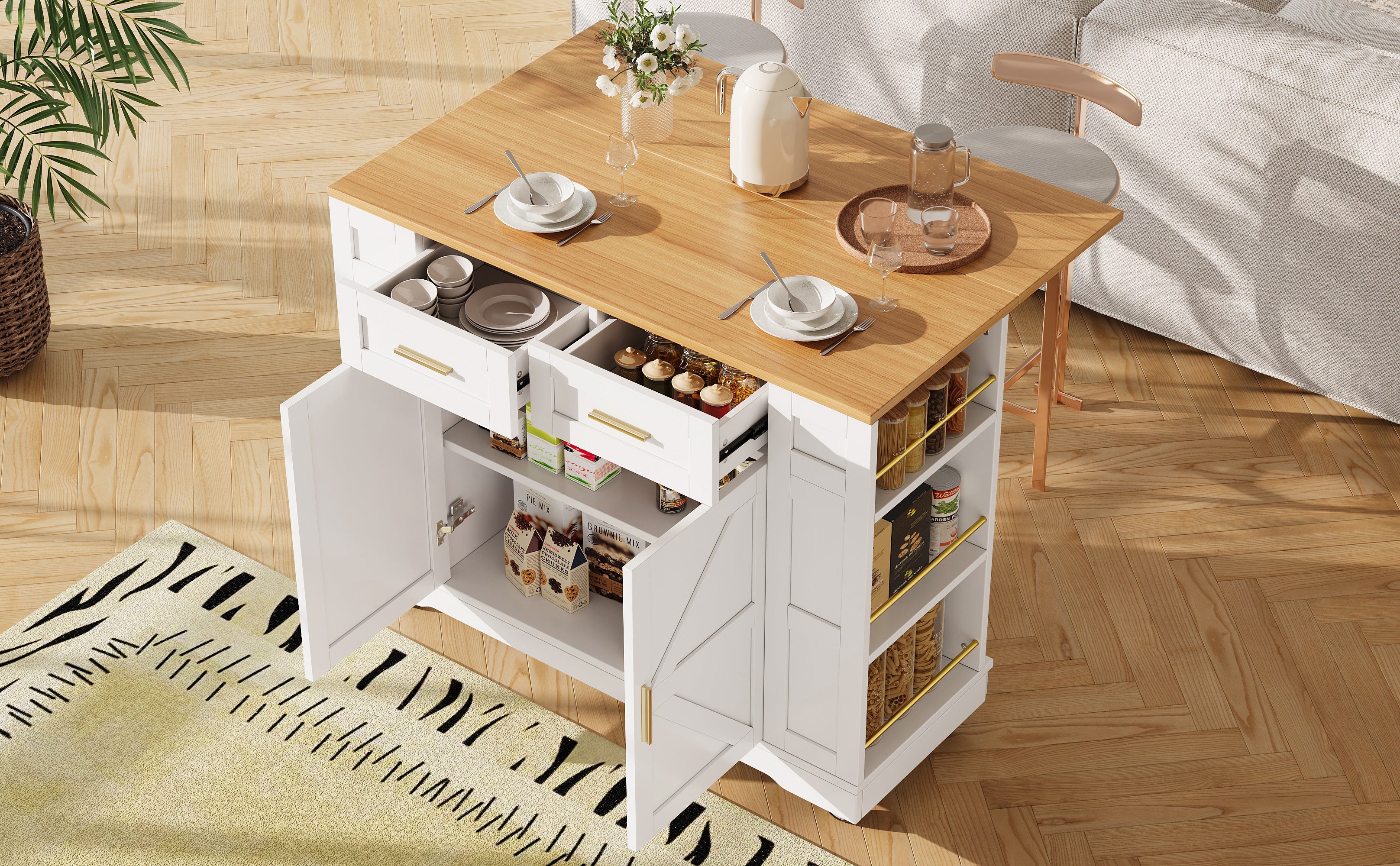 Kitchen Island on Wheels, Rolling Island Cart with 2 Drawers and Double-Sided Storage Racks, Storage Cabinet with Foldable Worktop, Mobile Carts, Portable Trolley for Home and Kitchen, White