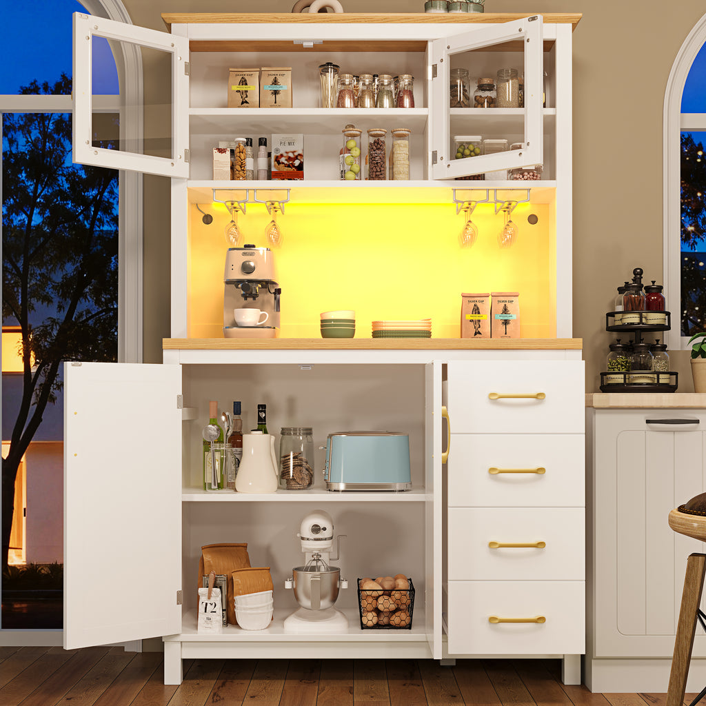 Sideboard / Storage Cabinet / Kitchen Cabinet / Buffet Cabinet, 105.5x40x180cm, Farmhouse Style, 4 Doors, with LED Light Strip & Drink Holders, White