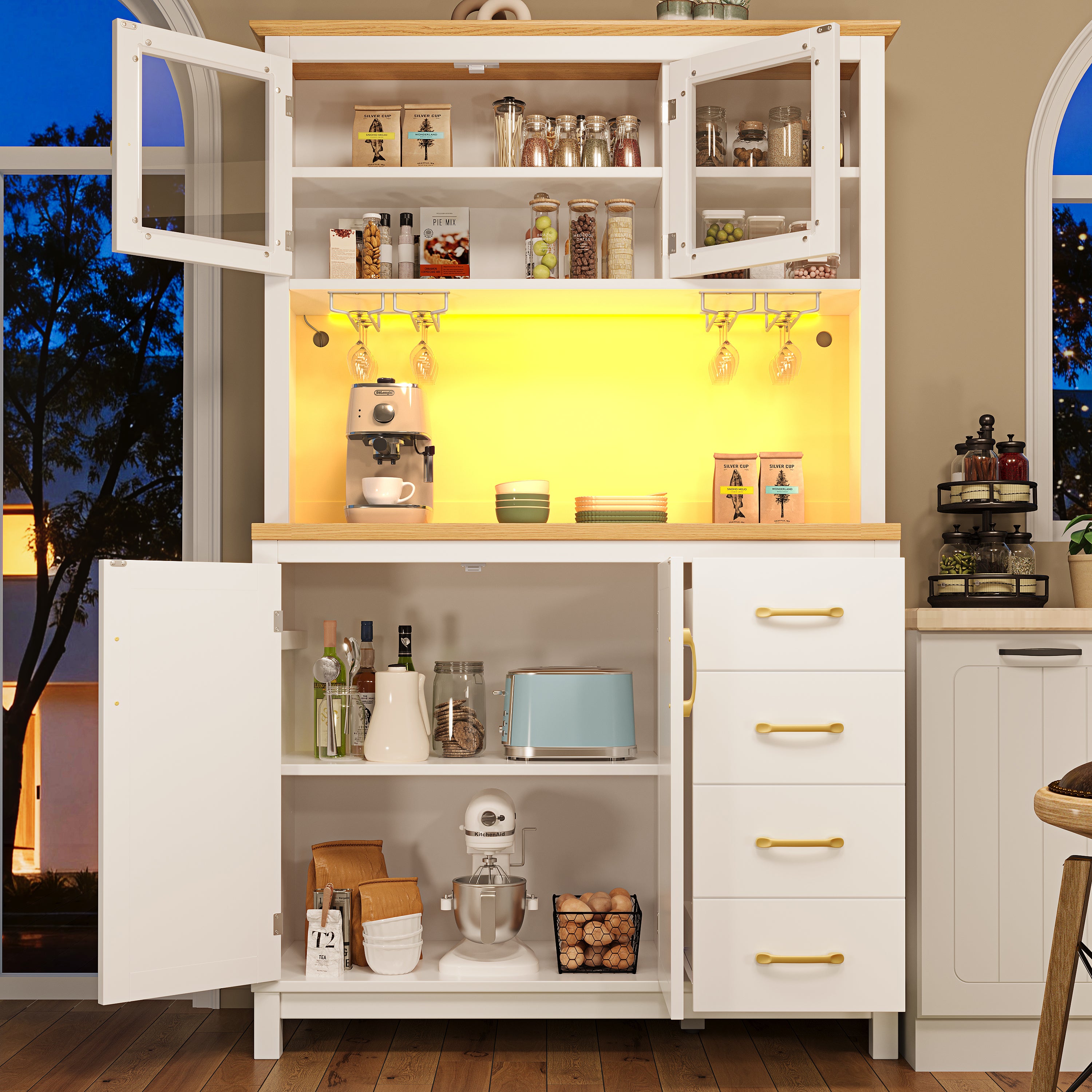 Sideboard / Storage Cabinet / Kitchen Cabinet / Buffet Cabinet, 105.5x40x180cm, Farmhouse Style, 4 Doors, with LED Light Strip & Drink Holders, White