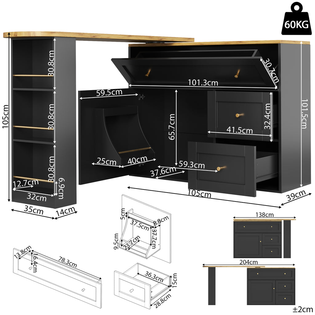 Extendable bar table with storage space (138-204×39×105cm), kitchen cabinet, sideboard with snack shelf, telescopic bar table, high table, bistro table, high table, kitchen island, black