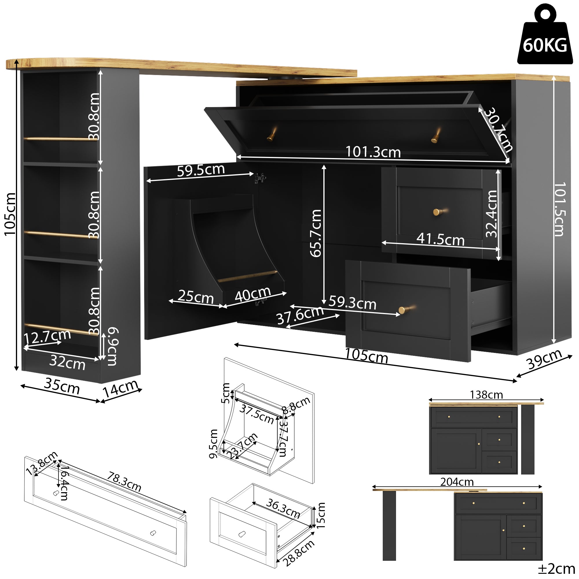 Extendable bar table with storage space (138-204×39×105cm), kitchen cabinet, sideboard with snack shelf, telescopic bar table, high table, bistro table, high table, kitchen island, black