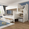 Bunk Beds for Kids, Staircase Bunk with Drawers and Storage, Children's Bed with Storage Unit, Double Bunk Bed for Family with Multiple Children, (90+135) x 190 cm, Solid Wood, White