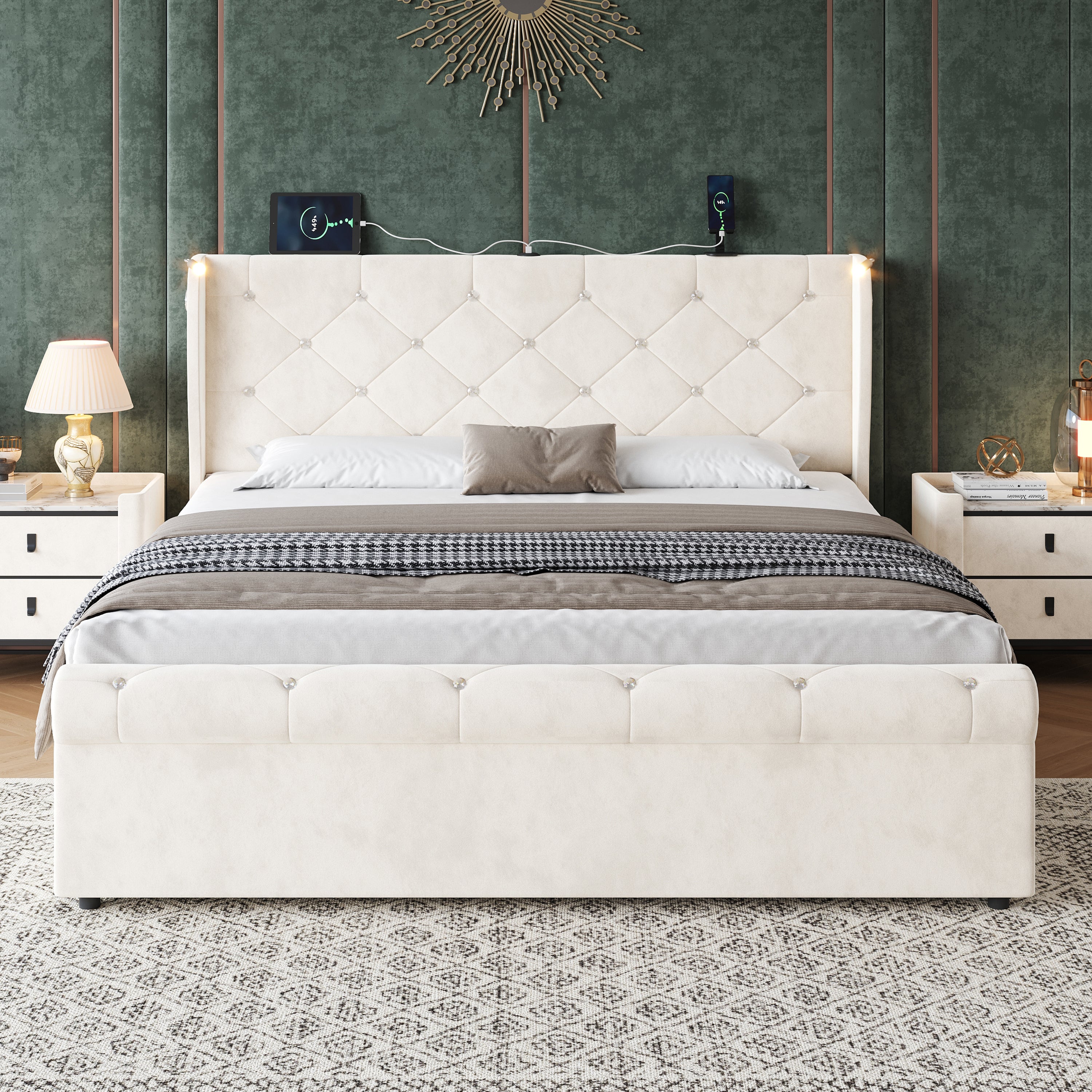 4ft6 Double Upholstered Bed Frame with Hydraulic Storage,  Diamond Tufted Headboard with Charging Station and Reading Light, USB and Type - C Ports, Velvet, Beige (No Mattress)