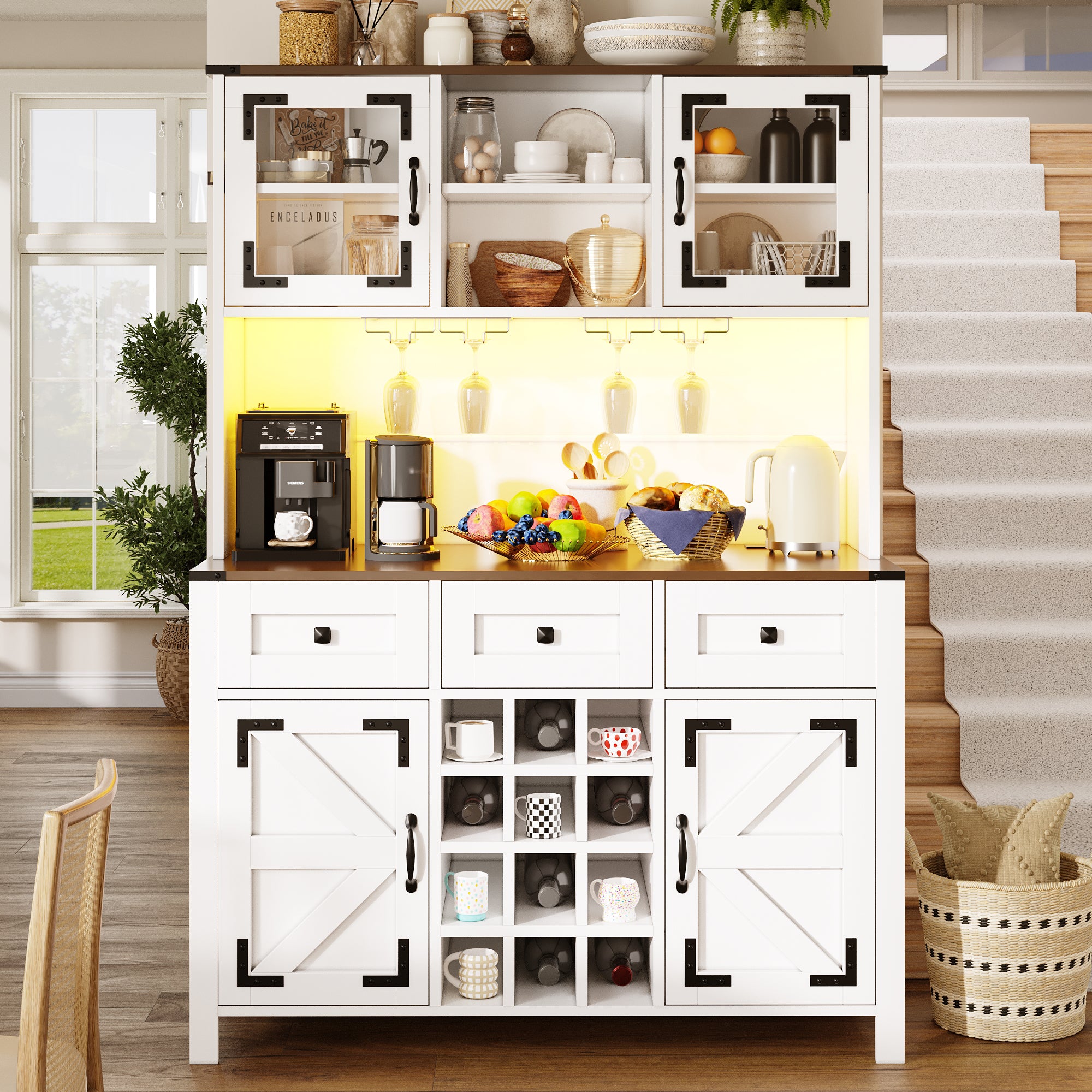 Tall Kitchen Cabinet with 4 Doors & 3 Drawers, USB Ports & Power Outlets, LED Light Strip, Modern Storage Sideboard, Side Cabinet for Kitchen & Living Room, 120 x 40 x 170 cm, White