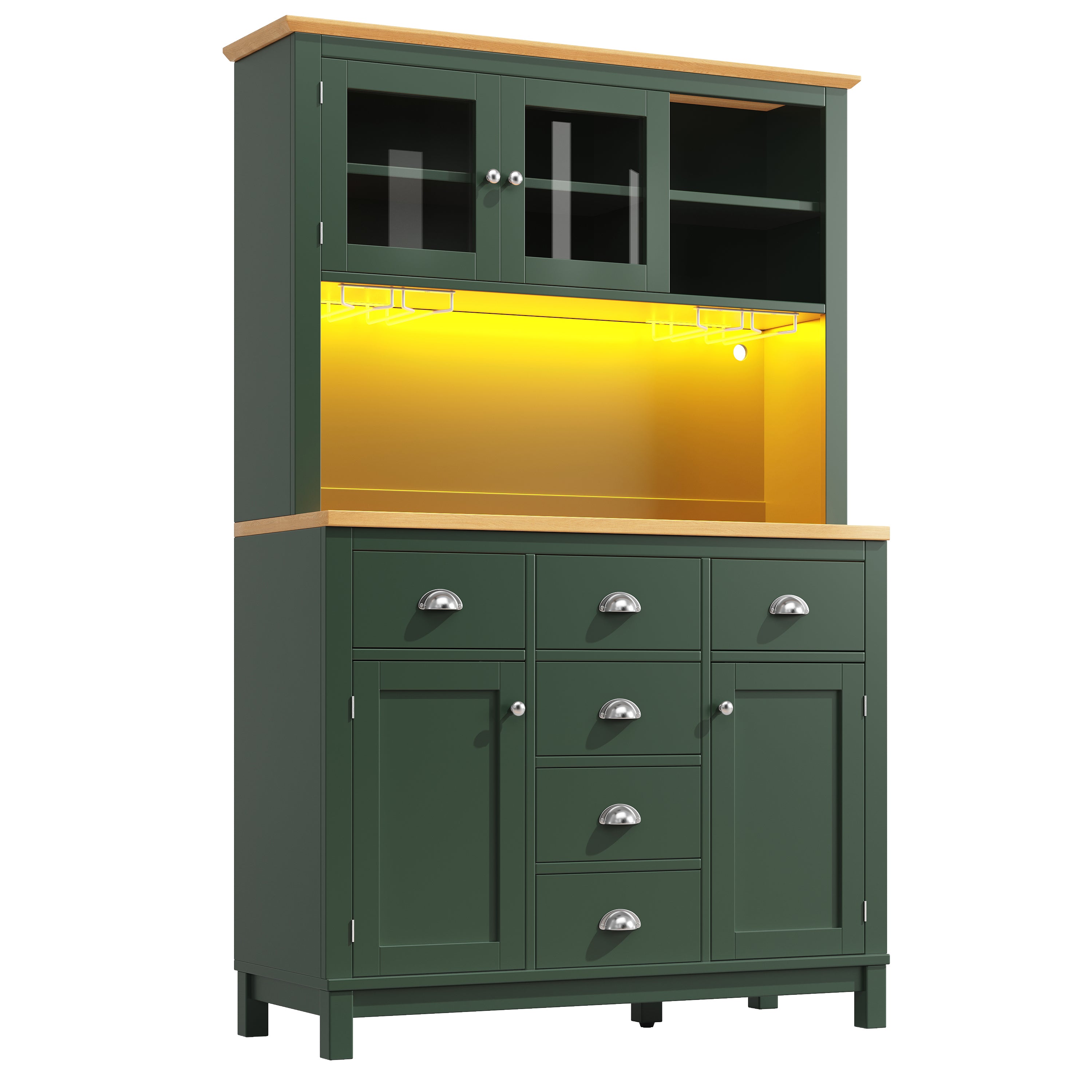 Sideboard / Storage Cabinet / Kitchen Cabinet / Buffet Cabinet, 104x40x180cm, Farmhouse Style, 5 Doors, with LED Light Strip & Drink Holders, Green/White