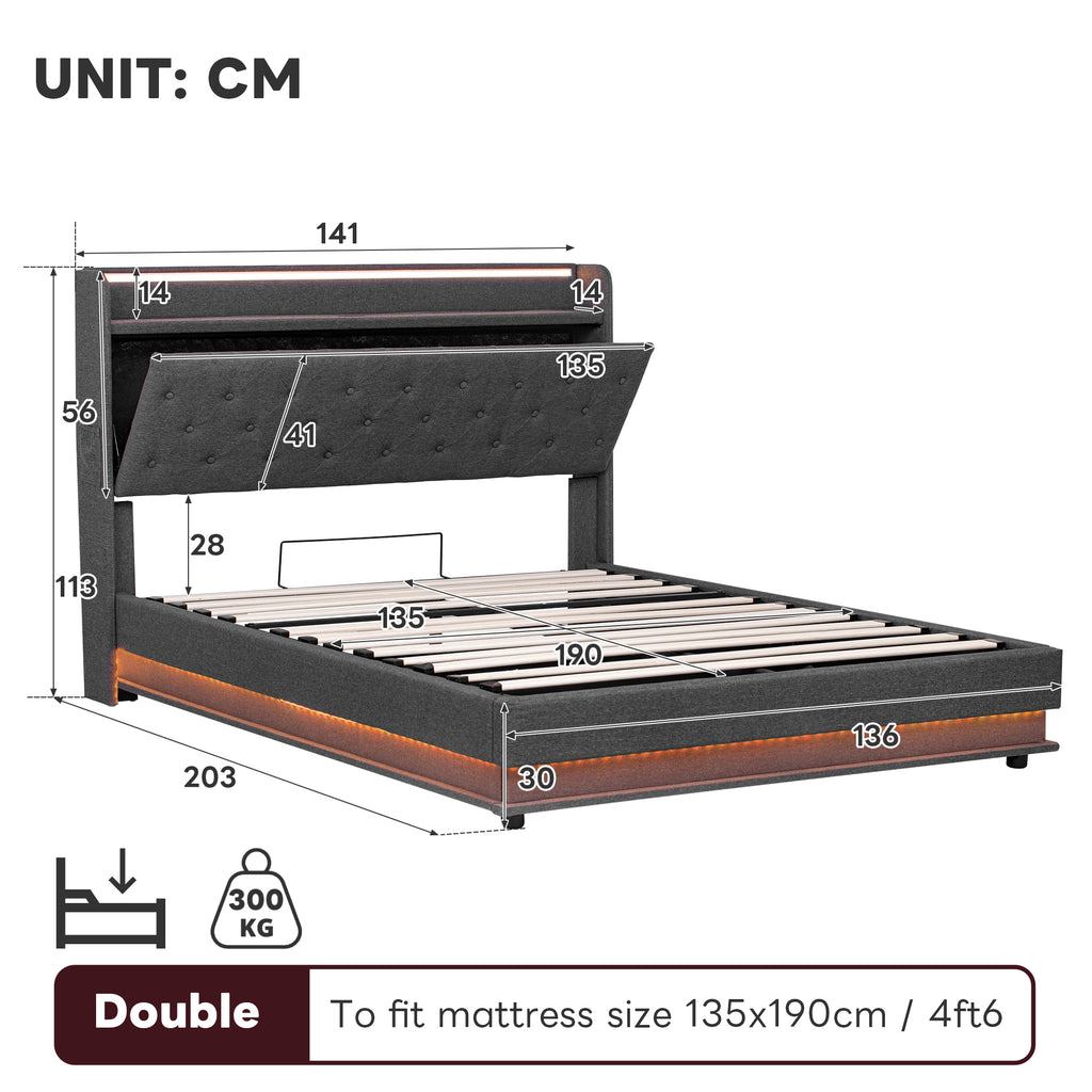 4ft6 Double Upholstered Bed Frame with Hydraulic Storage,  LED Button Tufted Headboard with Charging Station and Concealed Headboard Storage, USB and Type - C Ports, Linen, Grey (No Mattress)