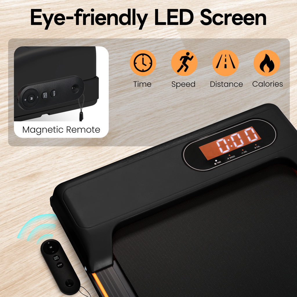 Folding Under Desk Walking Pad Treadmill with Adjustable Incline, 1-6 km/h Low Noise for Home & Office, LED Display, Magnetic Remote Control, Transport Wheels & Plug, Black.