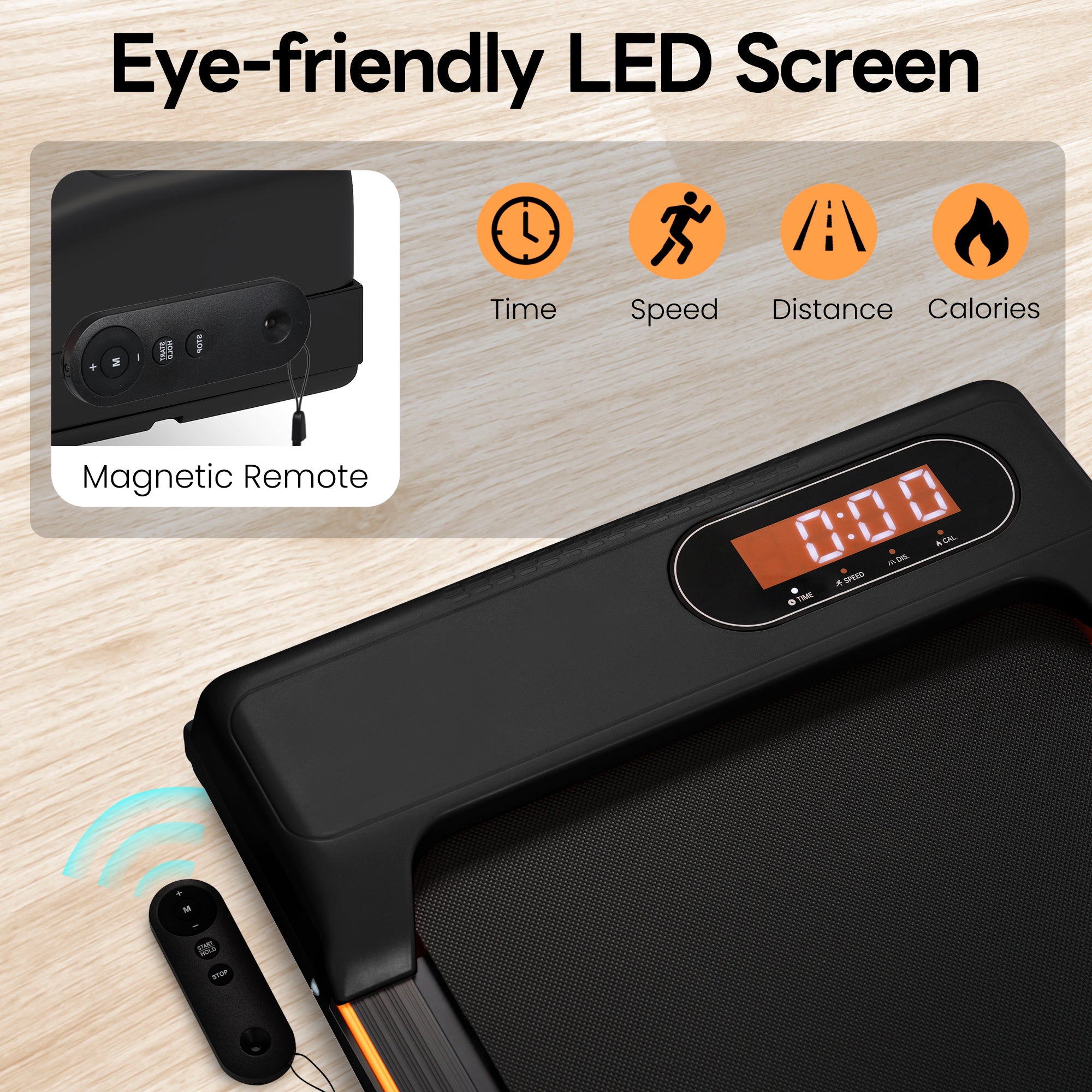 Folding Under Desk Walking Pad Treadmill with Adjustable Incline, 1-6 km/h Low Noise for Home & Office, LED Display, Magnetic Remote Control, Transport Wheels & Plug, Black.