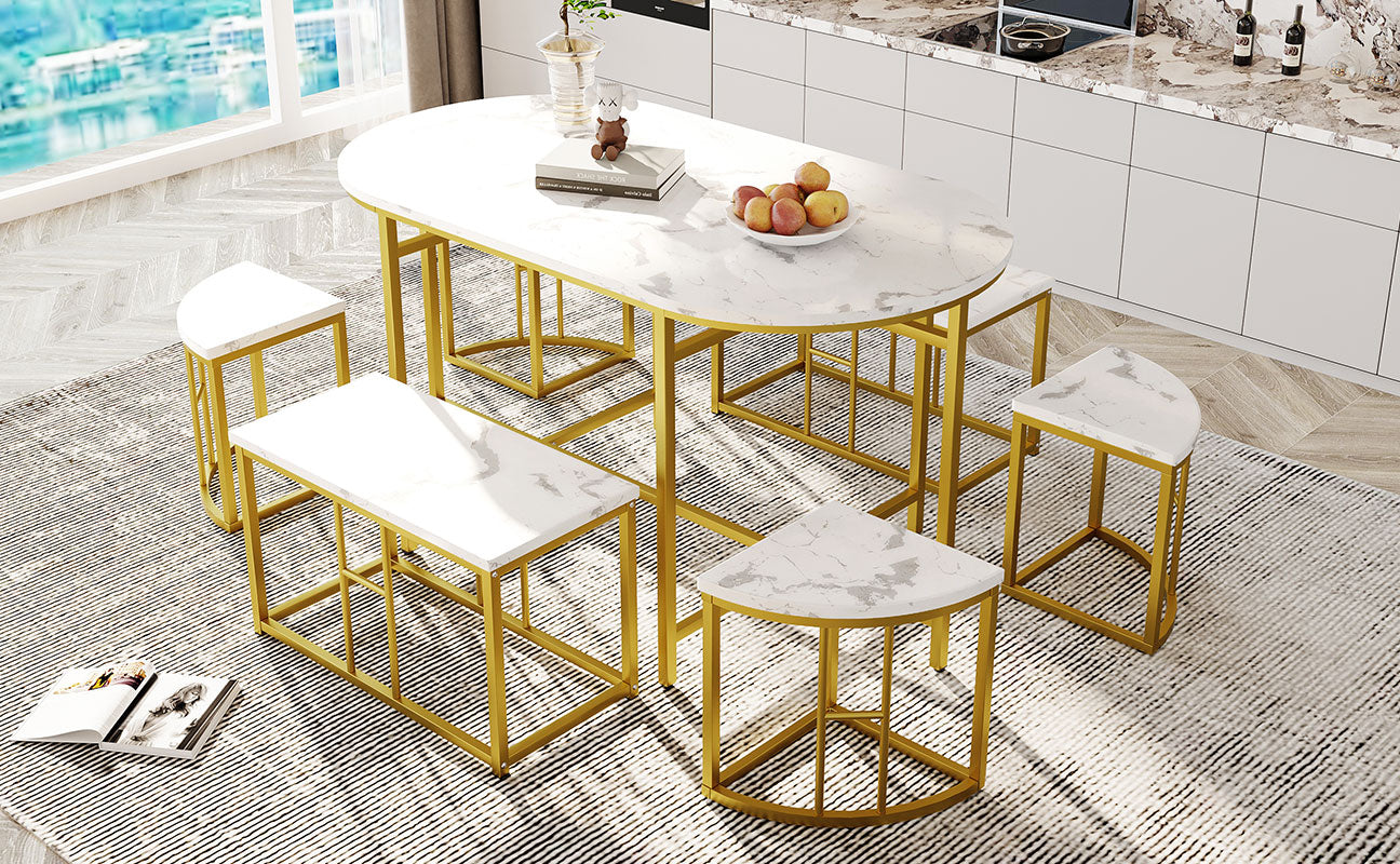 Dining room table set with six chairs, Dining group with white MDF seat cushions and gold-plated iron frames, Modern luxury tables and chairs
