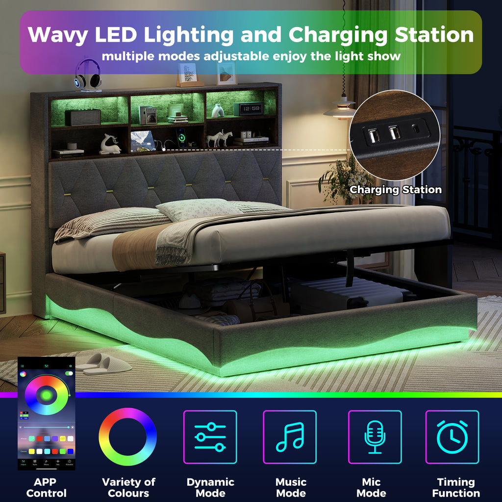 5ft King Upholstered Bed Frame with Hydraulic Storage, Wavy LED Heightened Headboard with Charging Station, USB and Type - C Ports, Linen, No Box Spring Needed, Grey (No Mattress)