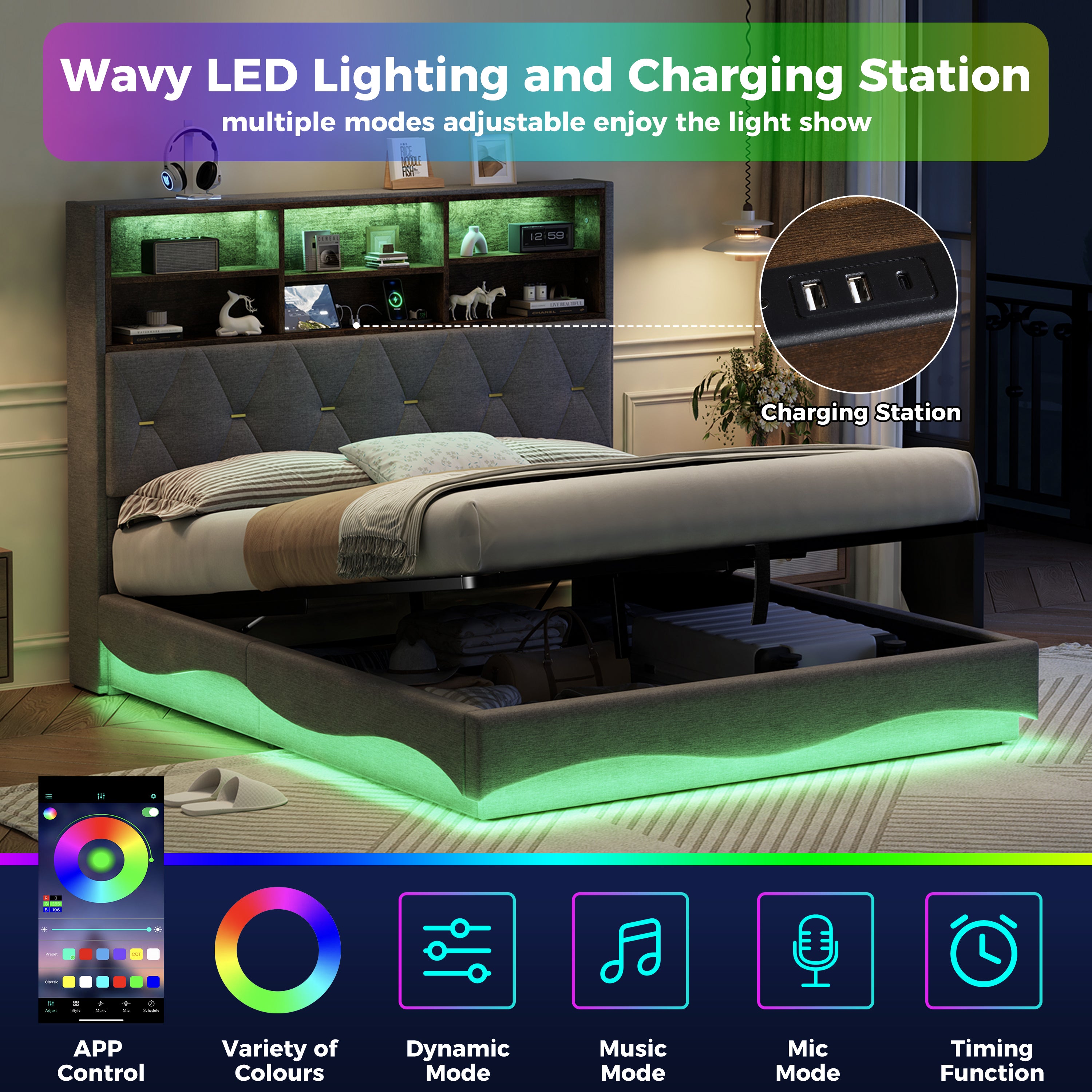 5ft King Upholstered Bed Frame with Hydraulic Storage, Wavy LED Heightened Headboard with Charging Station, USB and Type - C Ports, Linen, No Box Spring Needed, Grey (No Mattress)