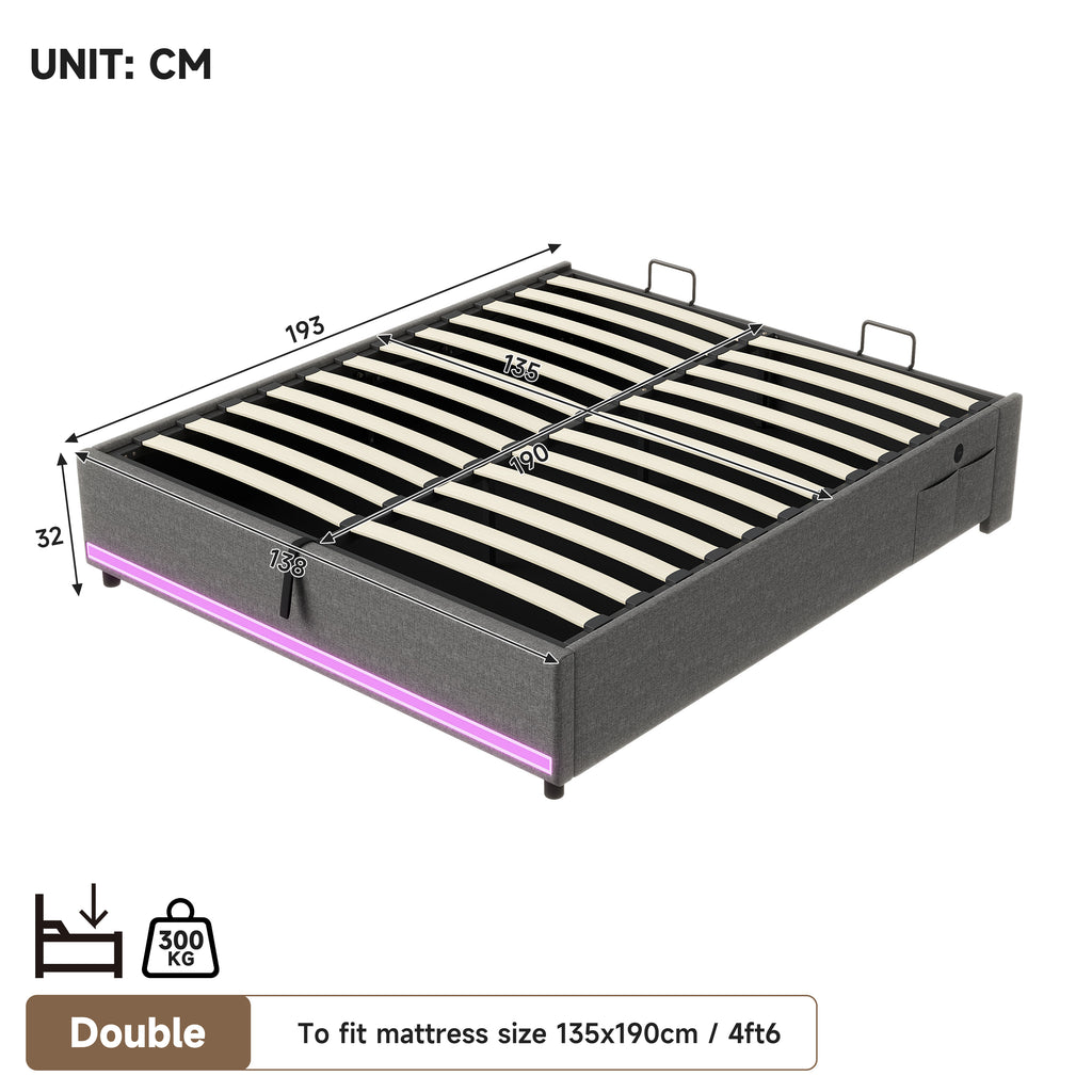 4ft6 Double Hydraulic Storage Bed, No Headboard Linen Bed Frame with APP Control LED Lights, Side Charging Station, Side Pockets, Grey (No Mattress)