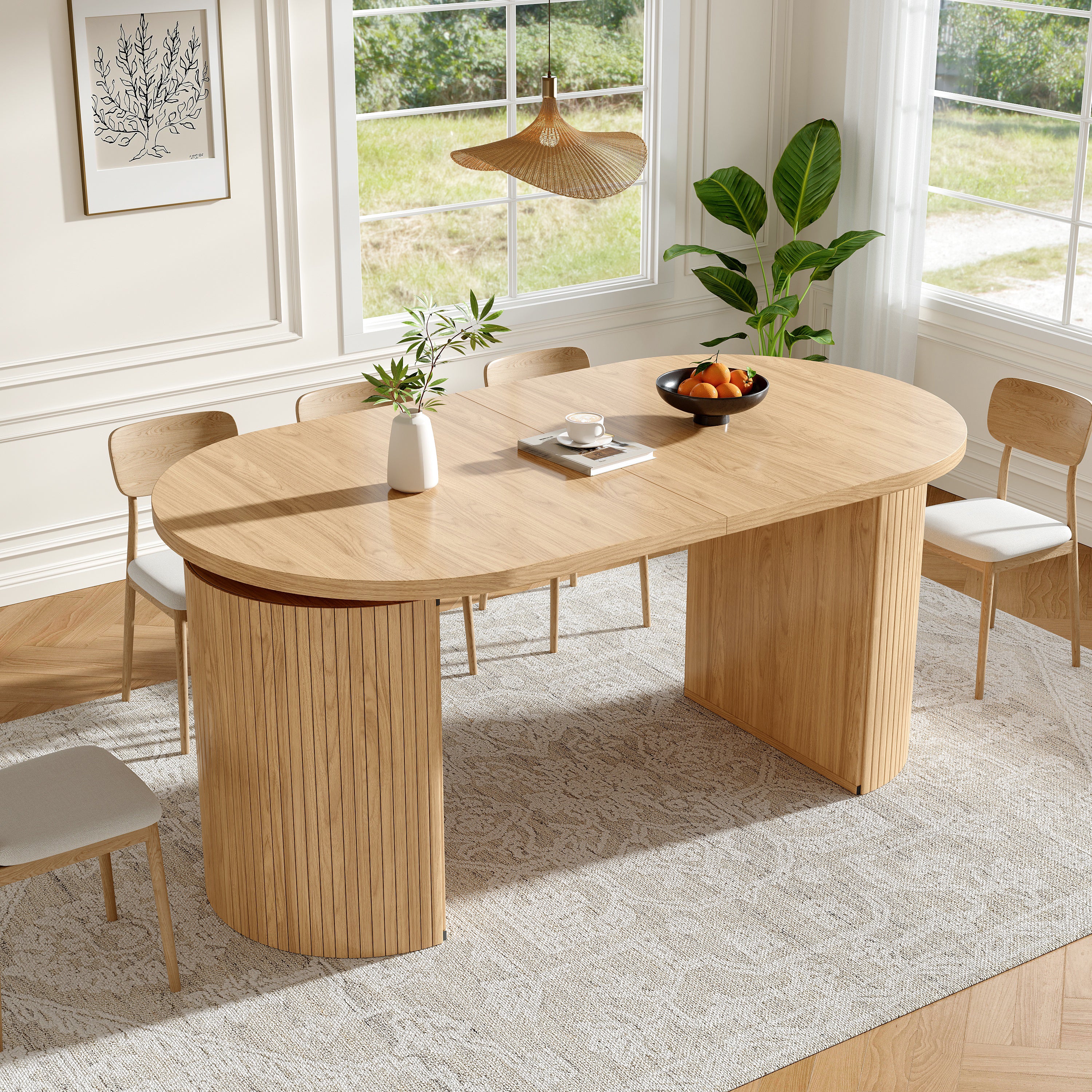 Extendable dining table with hidden storage compartment, thickened tabletop for high stability, flexibly adaptable for small spaces, kitchen, study and living room, natural brown