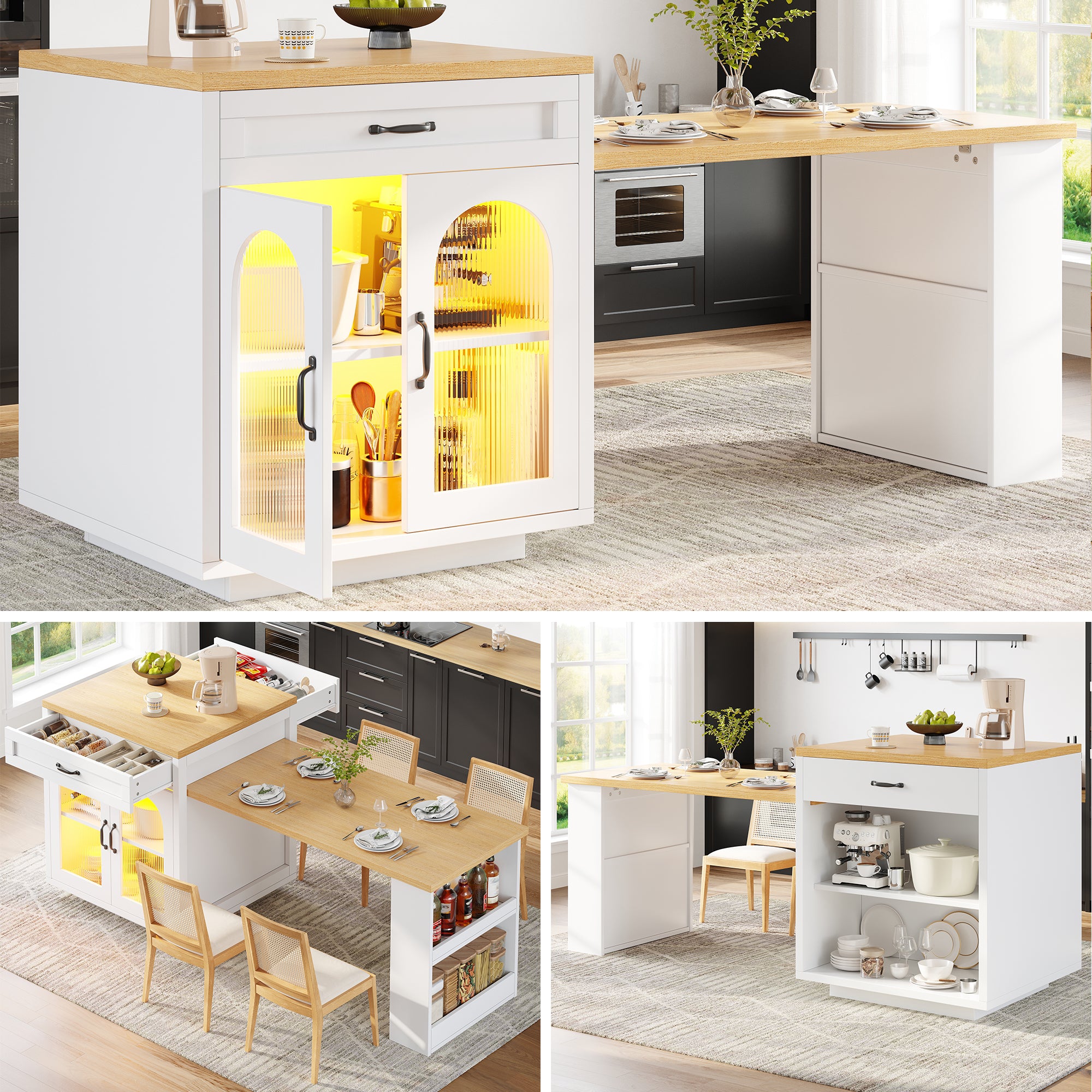 Extendable Kitchen Island with LED Lighting, Modern Storage Cabinet with 2 Drawers & Adjustable Shelves, Kitchen Sideboard with Fluted Glass Doors, MDF Kitchen Countertop for Dining Room