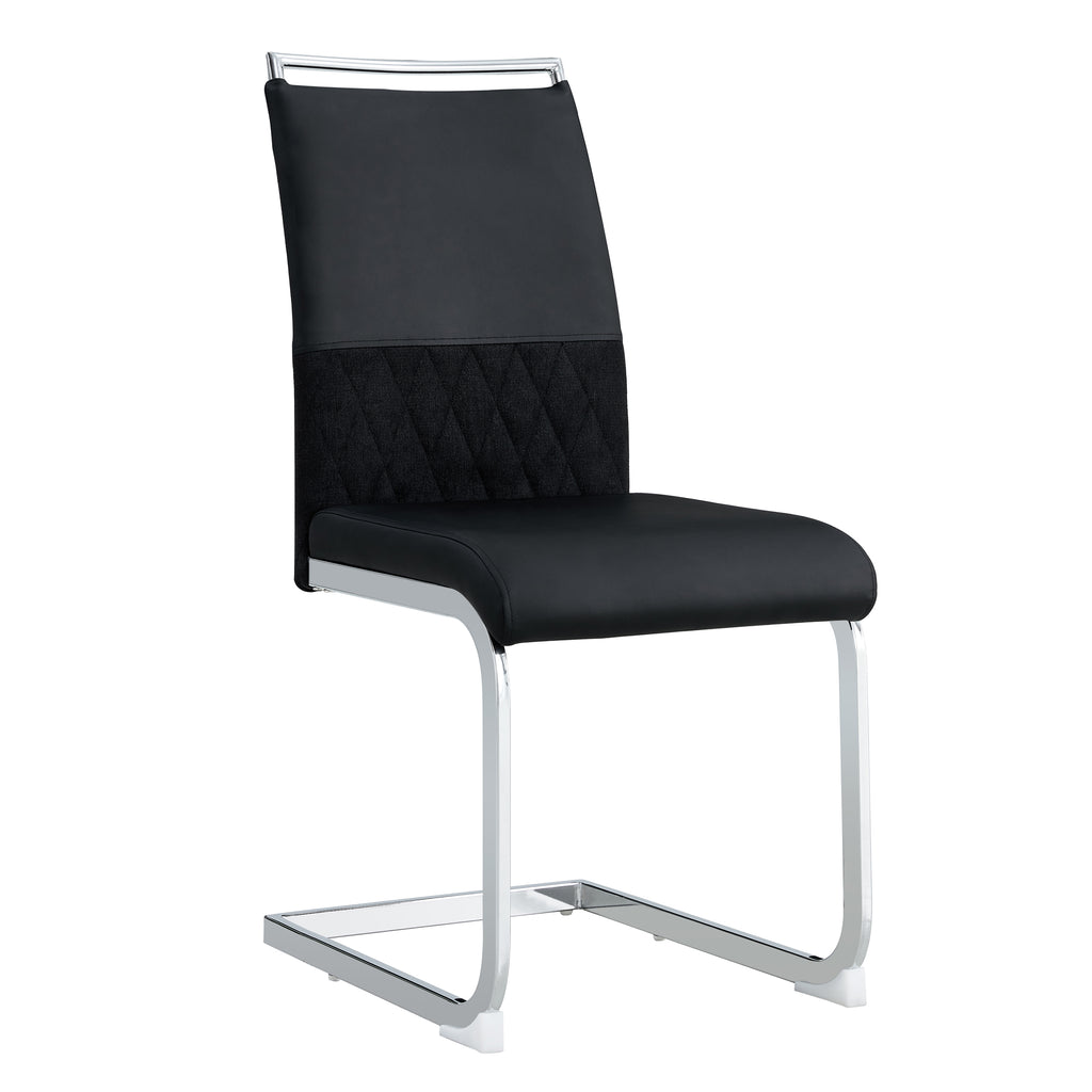 Modern dining chairs set of 2, backrest made of PU faux leather and linen, high back padded side chair, horizontal stripes backrest design for dining room, kitchen, guest office chair, black