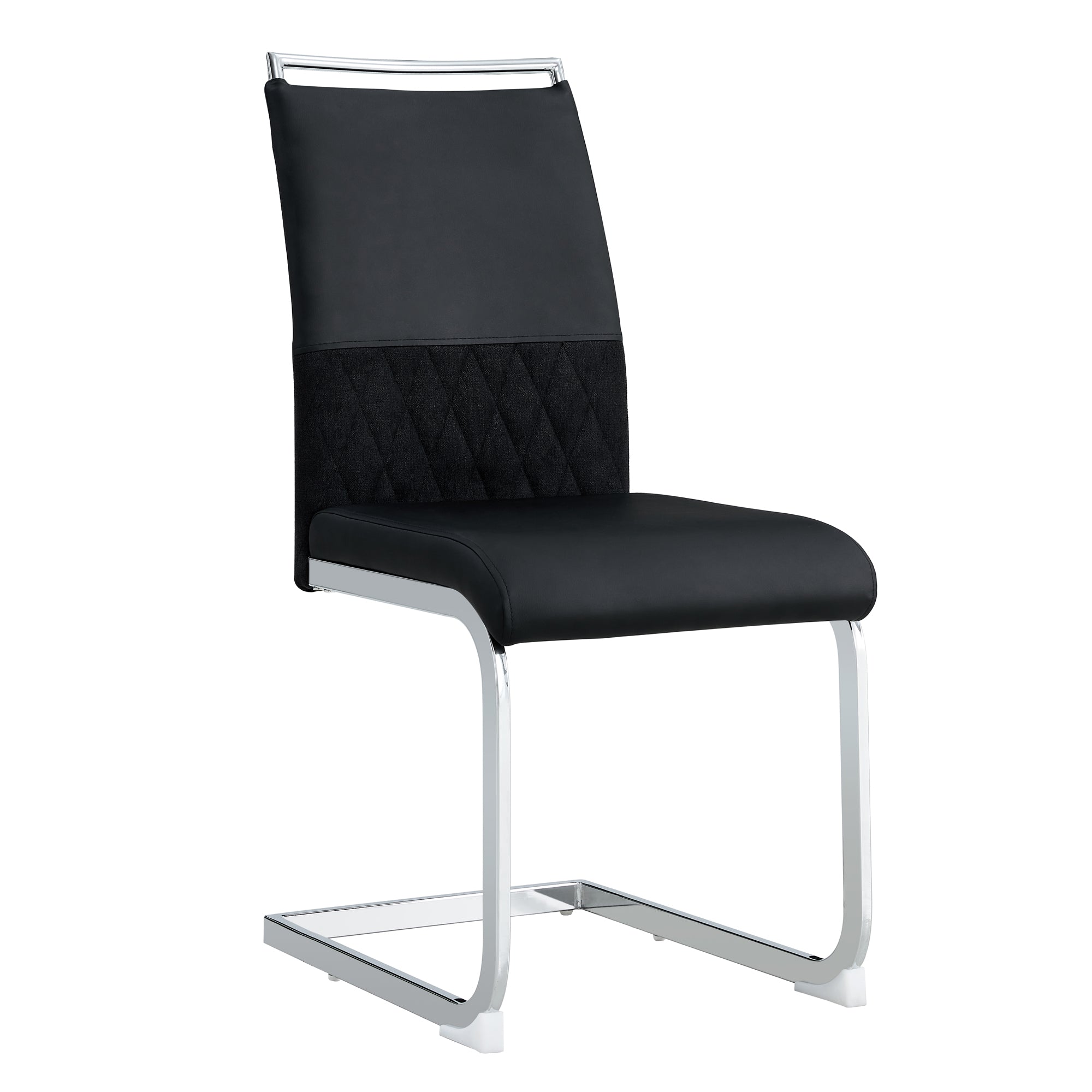 Modern dining chairs set of 2, backrest made of PU faux leather and linen, high back padded side chair, horizontal stripes backrest design for dining room, kitchen, guest office chair, black