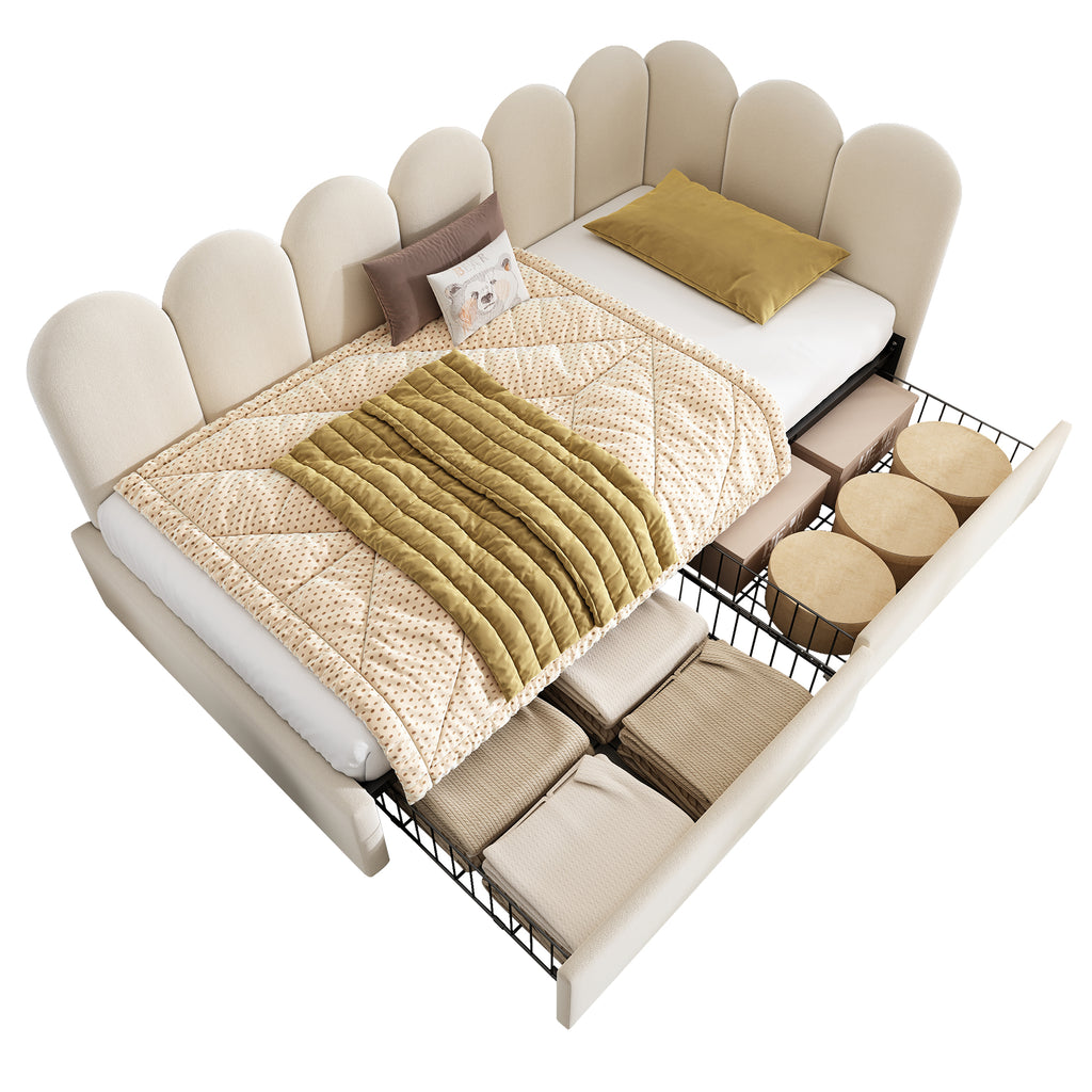 Upholstered Bed for Kids Daybed with Drawer Storage, 3FT Single Sofa Bed 90 x 190 cm, Sofa Bed for Adults and Children, Bed Frame with Slatted Frame, Velvet, Beige (No Mattress)