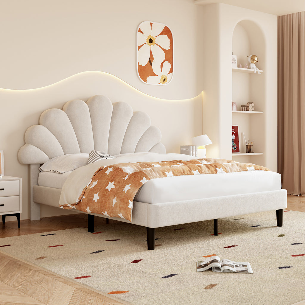4ft6 Double Upholstered Velvet Bed Frame, with Adjustable Chic Petal Headboard, Velvet Platform Bed Frame with Solid Wood Slat, No Box Spring Needed, Easy Assembly, Beige