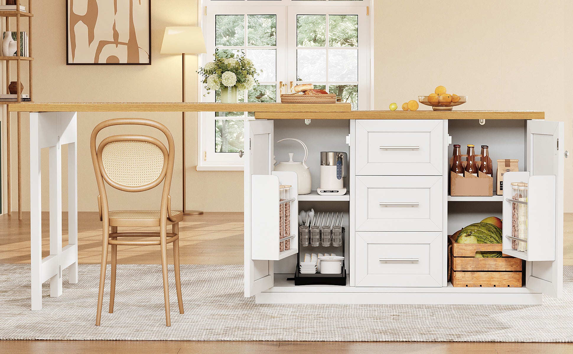 Extendable Sideboard & Table Combo, 120-180 cm Adjustable Dining Table with Storage, 3 Drawers & Snack racks, Space-Saving kitchen island for Small Flats, White/Antique Green