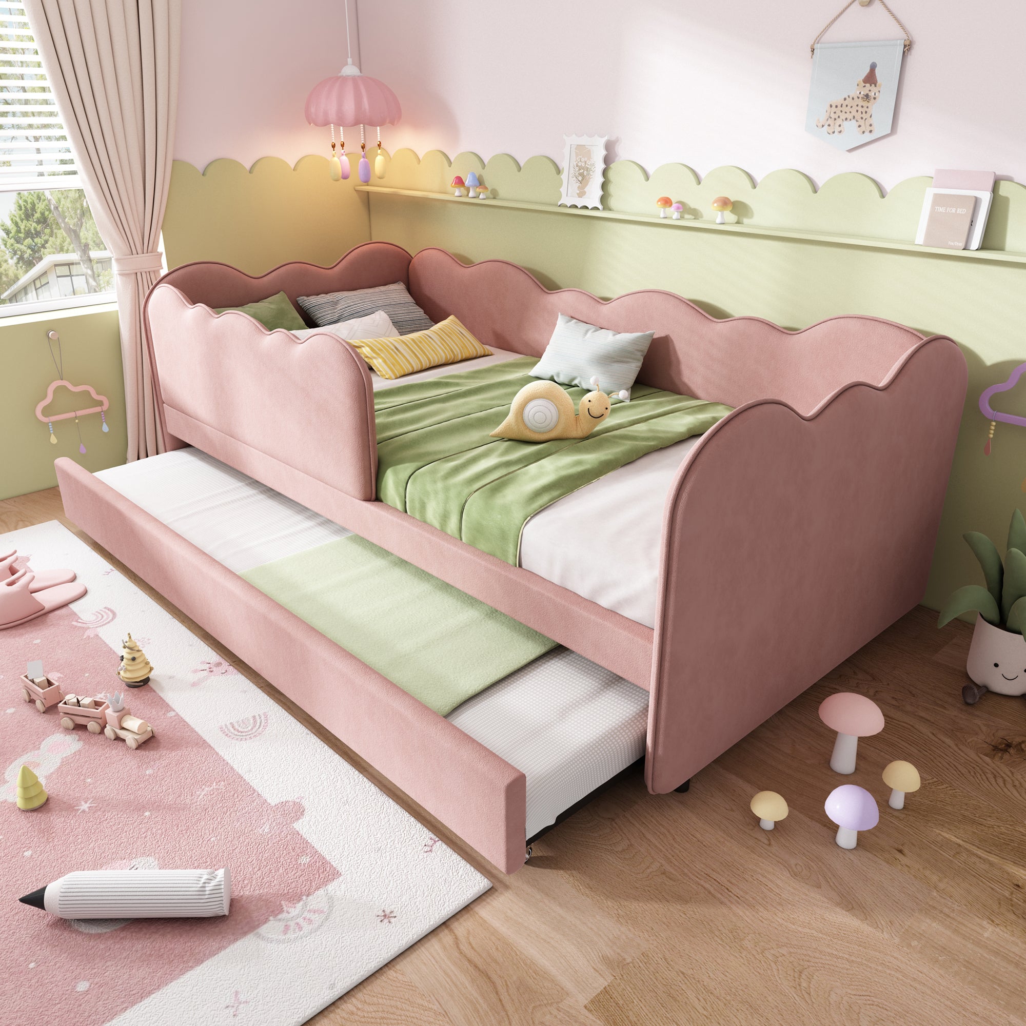 Upholstered Bed Daybed 90 x 190 cm, 3FT Single Bed with Pull out Trundle, Sofa Bed For Adults and Children, Single Daybed With Slatted Frame, Velvet, Pink (No Mattress)