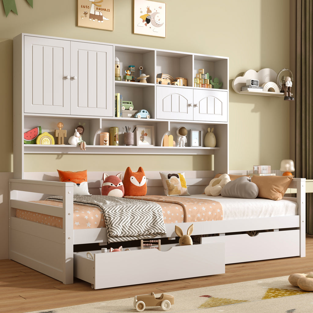 3ft Single Bed with Two Storage Drawers and Bookcase headboard, Wooden Bed Frame with Storage and Guardrail, Space-Saving Design for Bedroom, Dorm and Study Room, White (No Mattress)