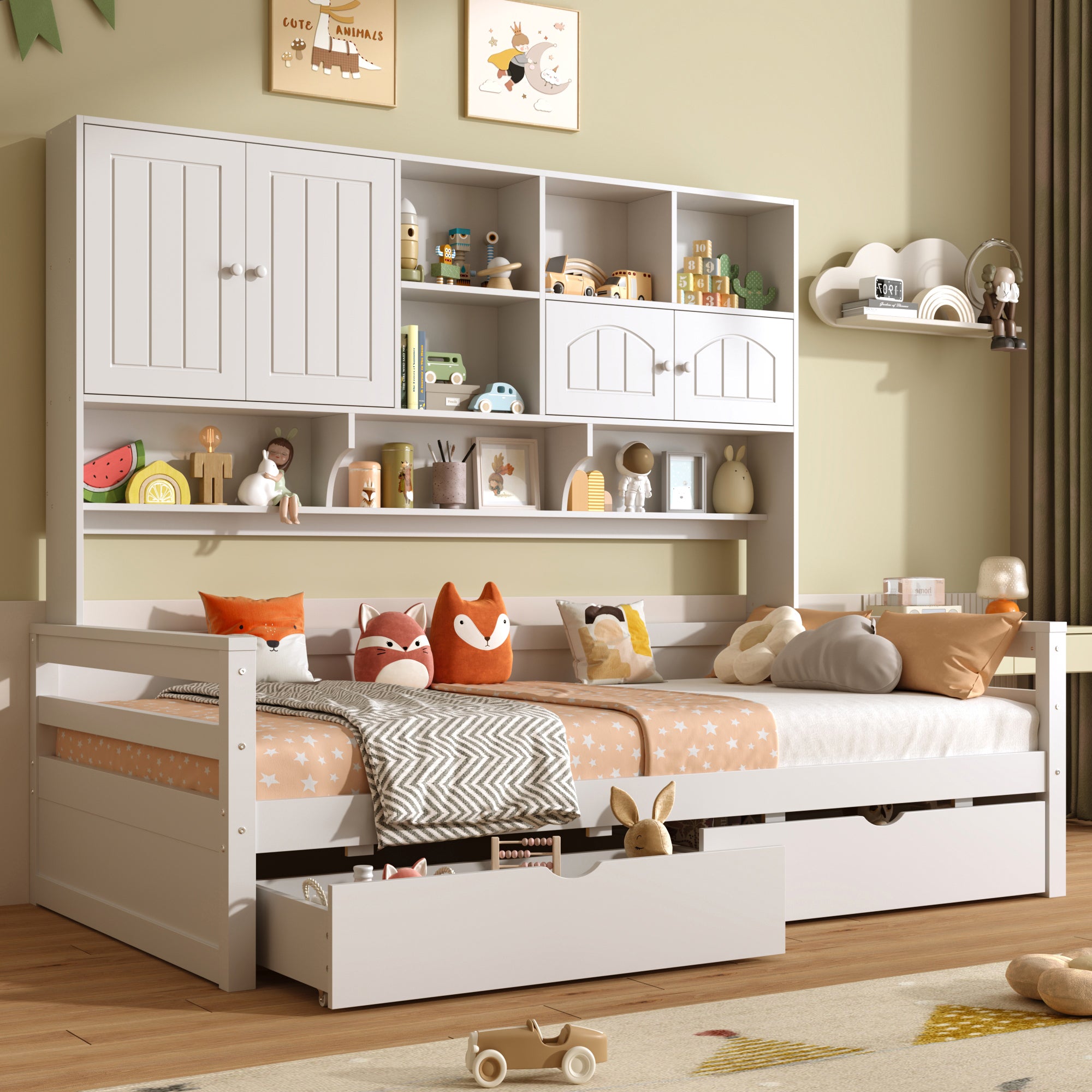 3ft Single Bed with Two Storage Drawers and Bookcase headboard, Wooden Bed Frame with Storage and Guardrail, Space-Saving Design for Bedroom, Dorm and Study Room, White (No Mattress)