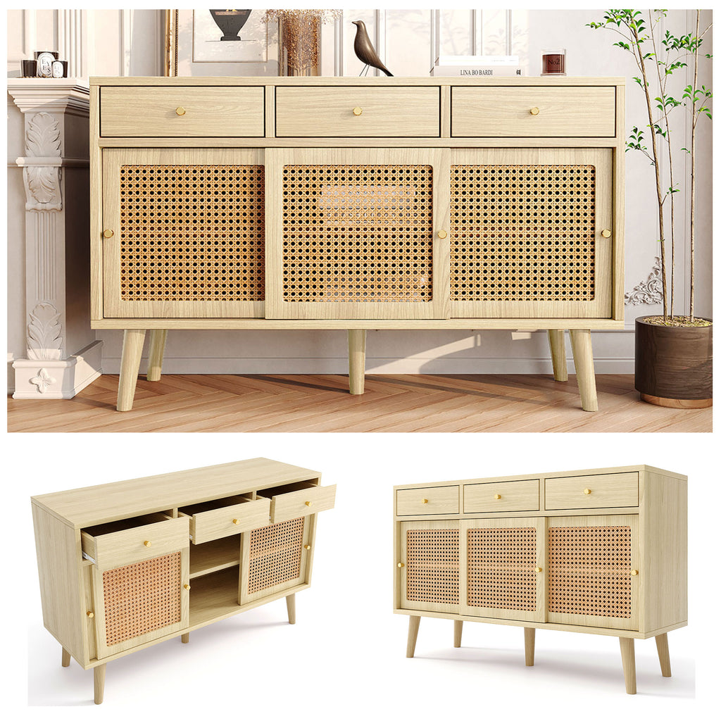 Modern retro rattan door sideboard 120*40*78cm, three drawer storage cabinet, wooden frame, stylish leg design, suitable for living room, dining room and entrance