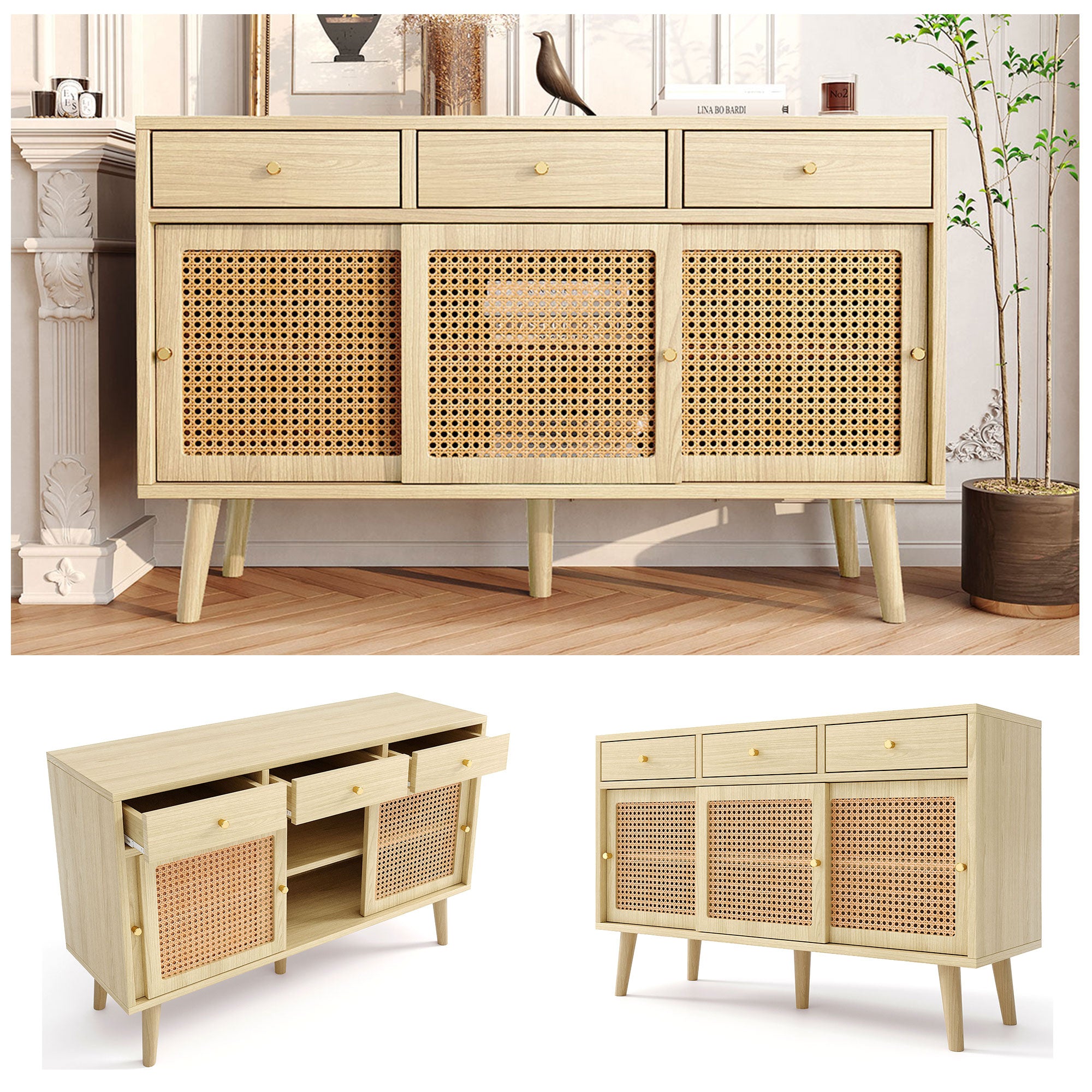 Modern retro rattan door sideboard 120*40*78cm, three drawer storage cabinet, wooden frame, stylish leg design, suitable for living room, dining room and entrance