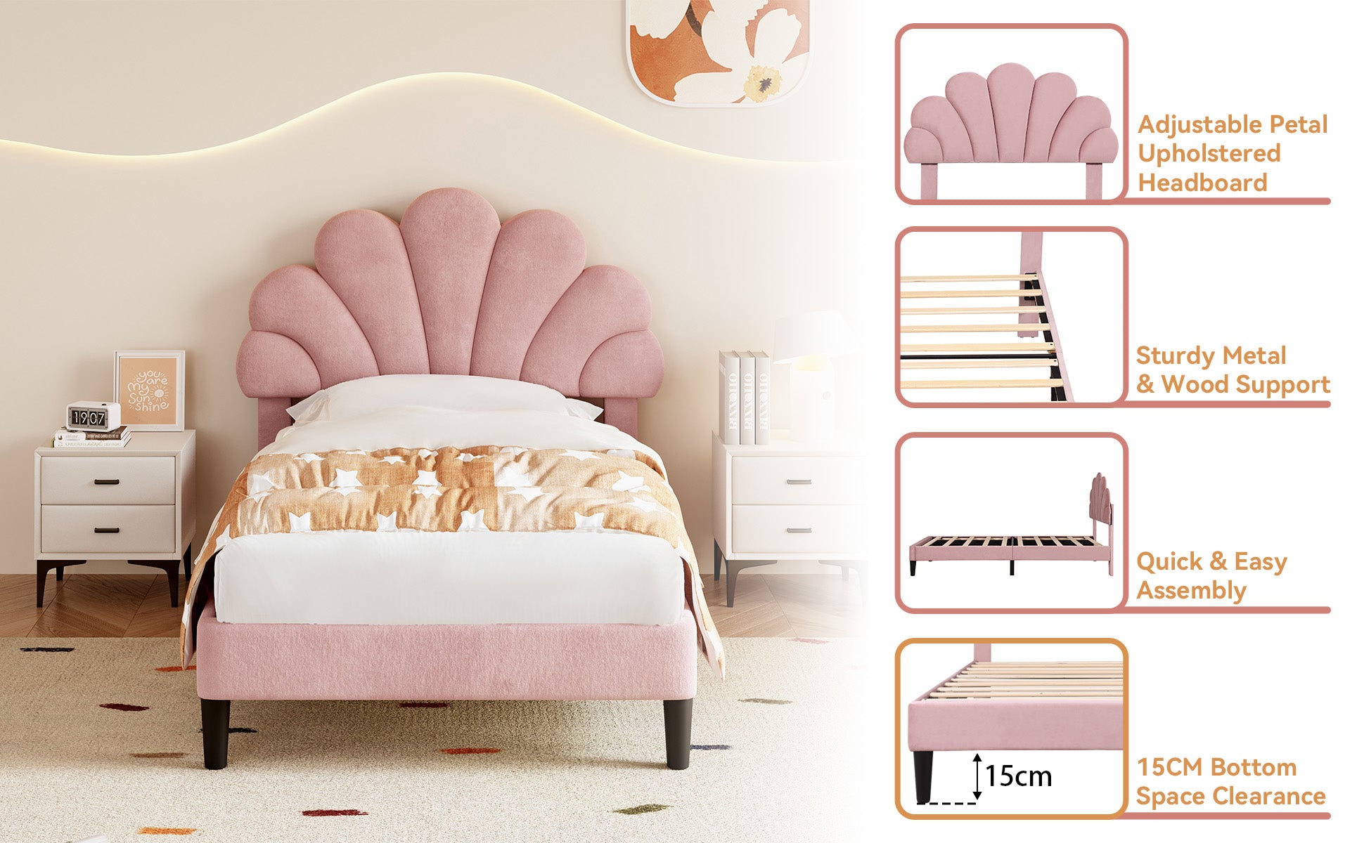 3ft Single Upholstered Velvet Bed Frame, with Adjustable Chic Petal Headboard, Velvet Platform Bed Frame with Solid Wood Slat, No Box Spring Needed, Easy Assembly, Pink
