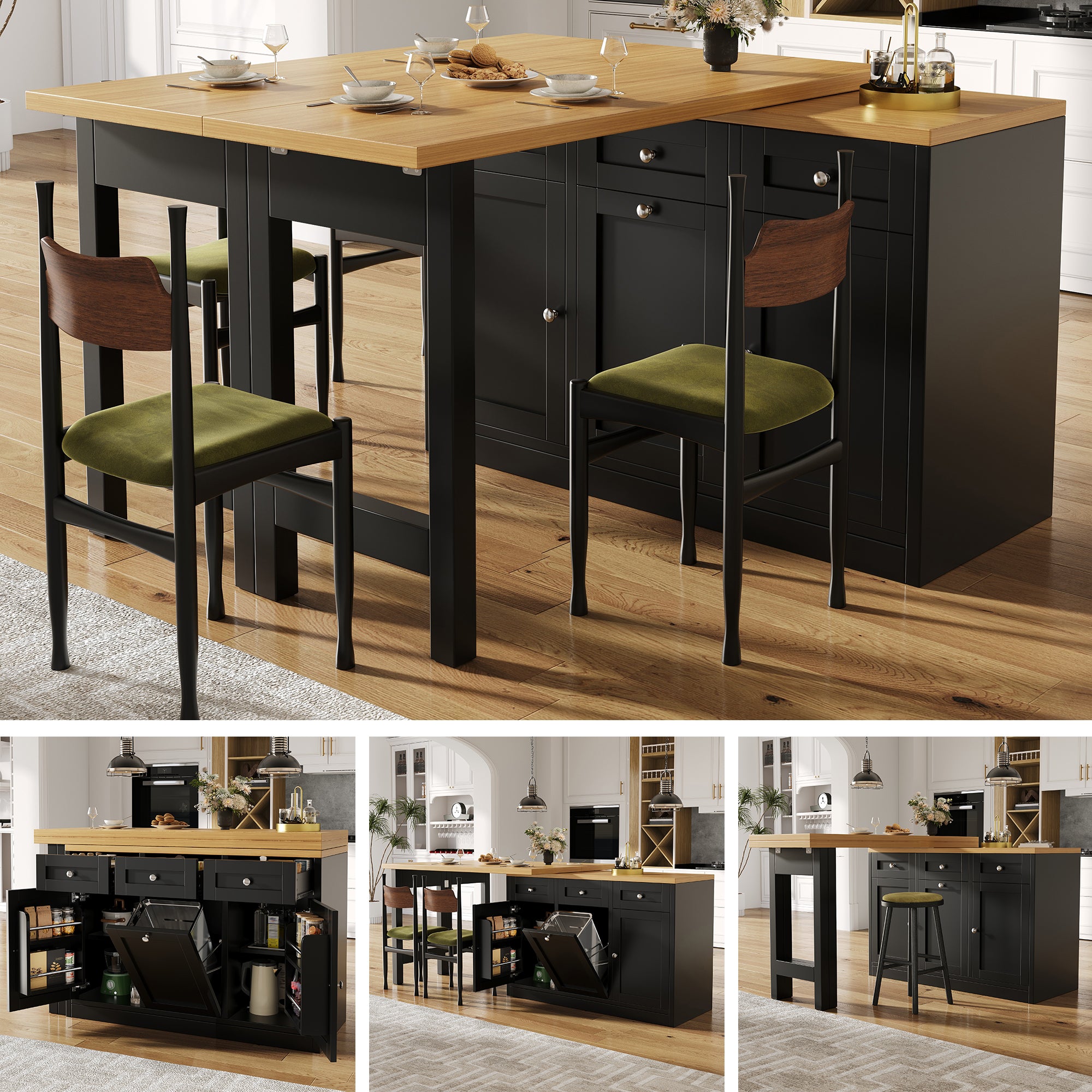 Extendable bar table with storage space, fold-out dining table with drawer and snack tray, pull-out bin holder (bin not included), space-saving design for small flats, kitchens, balconies,
Black