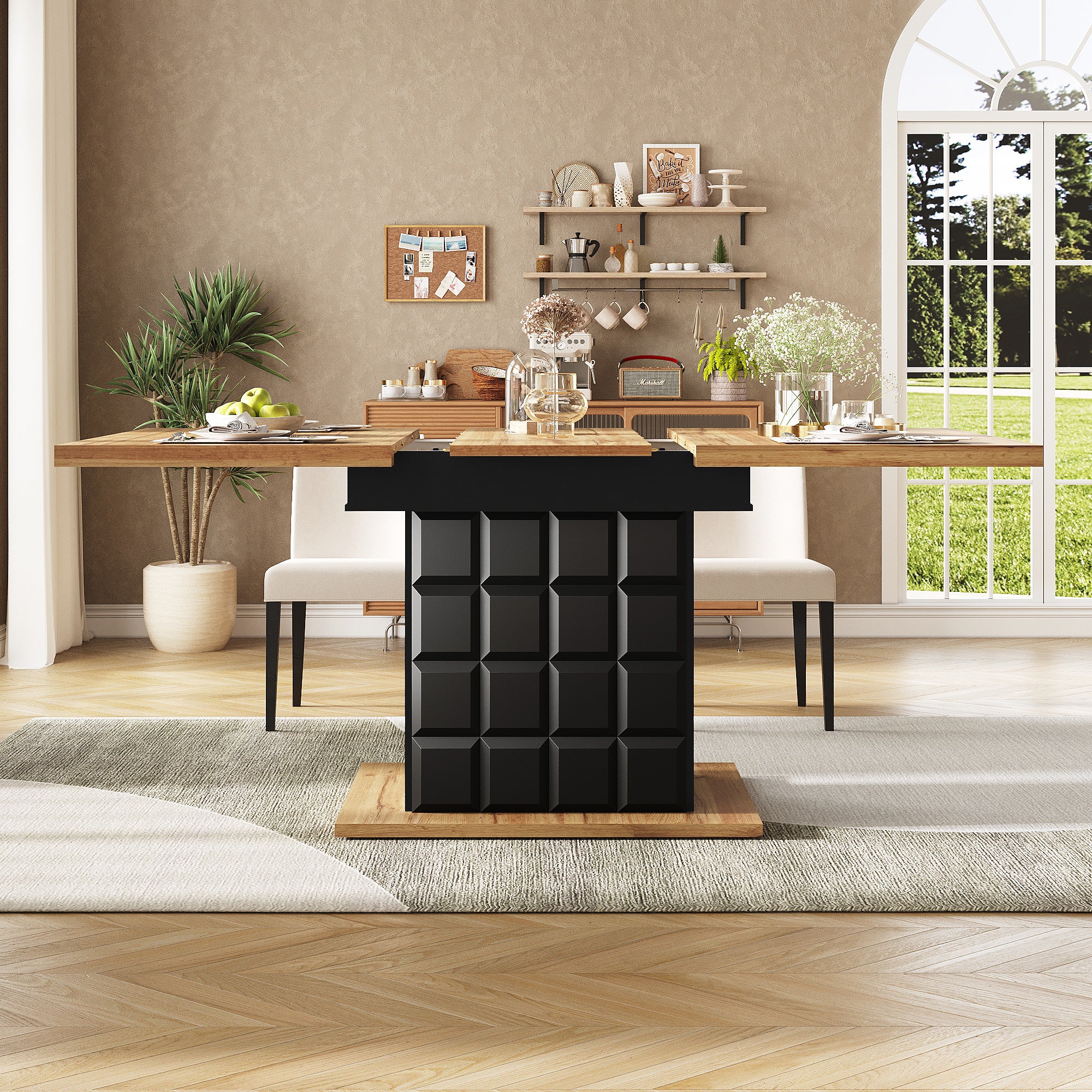 Telescopic dining table (110-140×80cm), foldable kitchen table for 4-6 people, extendable dining table, space-saving kitchen table, for kitchen and living room, table with a checked pattern