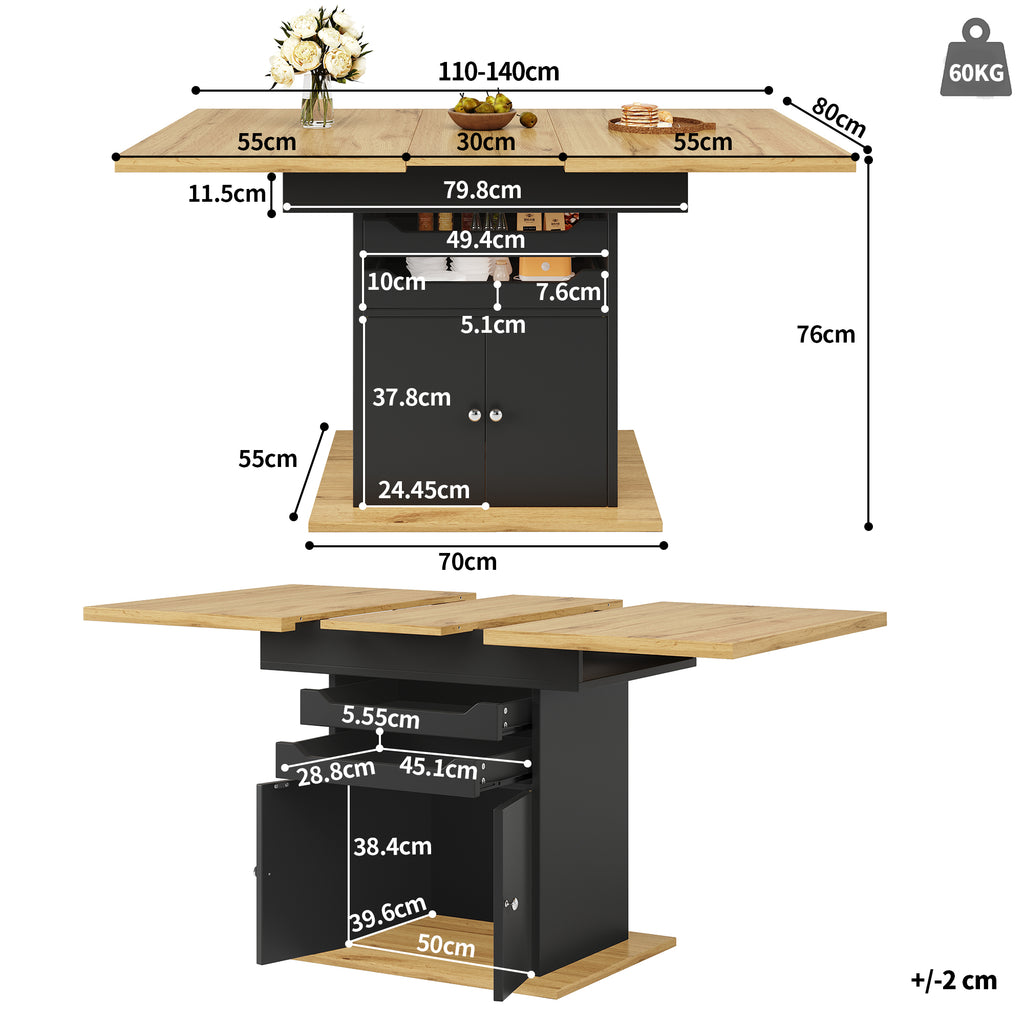 Telescopic dining table (110-140×80cm), foldable kitchen table for 4-6 people, extendable dining table, space-saving kitchen table, table with two drawers and a storage cabinet