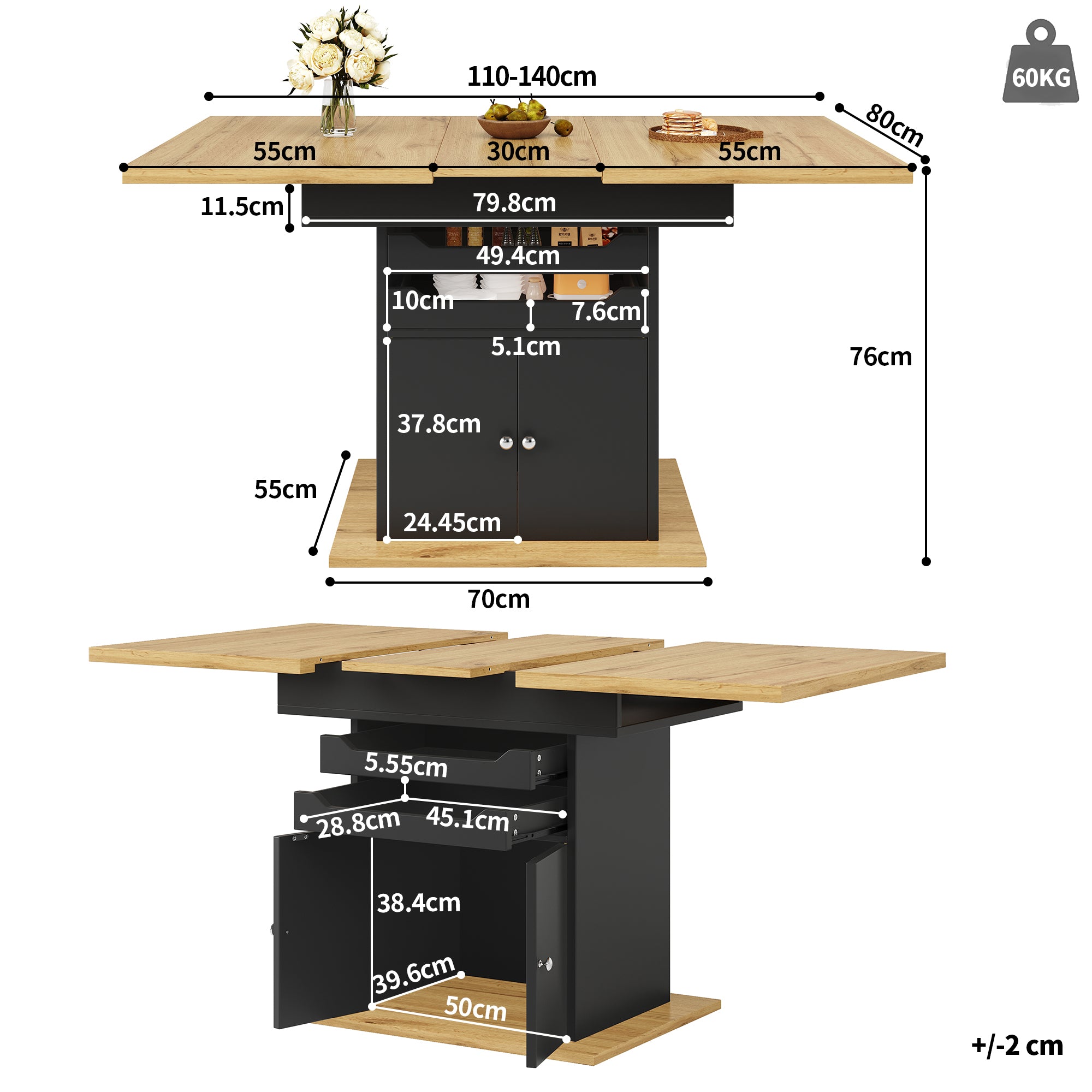 Telescopic dining table (110-140×80cm), foldable kitchen table for 4-6 people, extendable dining table, space-saving kitchen table, table with two drawers and a storage cabinet
