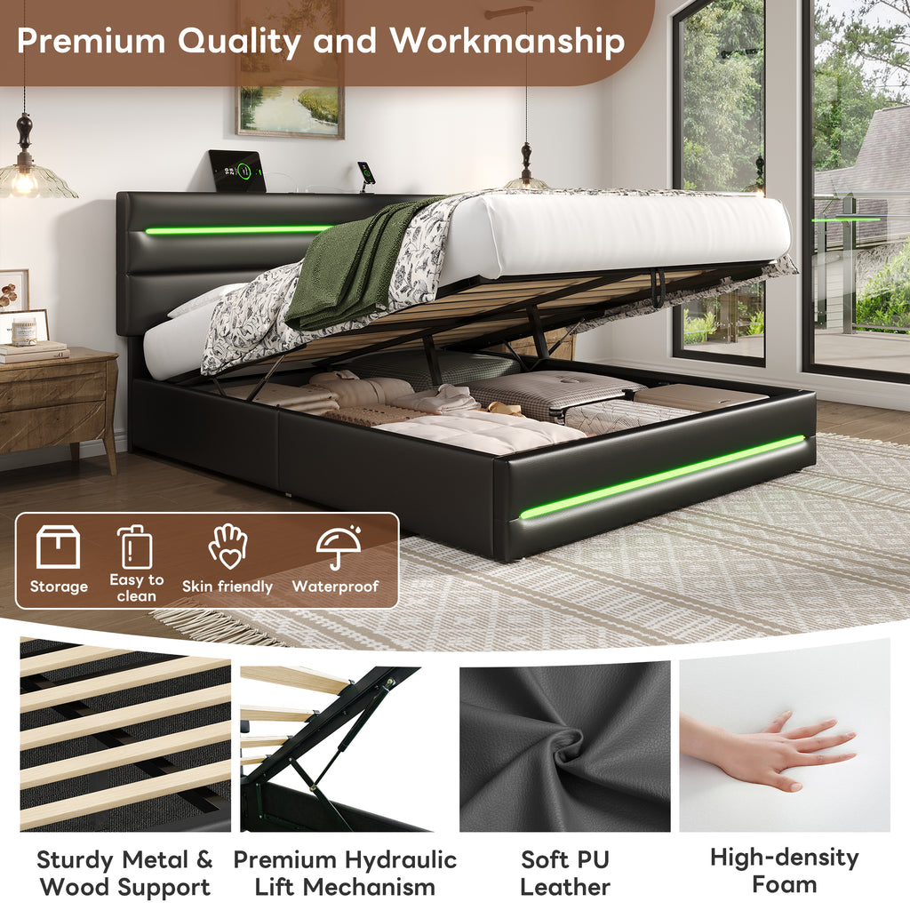 5ft King Upholstered Bed Frame with Hydraulic Storage, PU Ottoman Bed with LED Lighting and Charging Station, LED Adjustable Headboard with USB and Type - C Ports, Black (No Mattress)