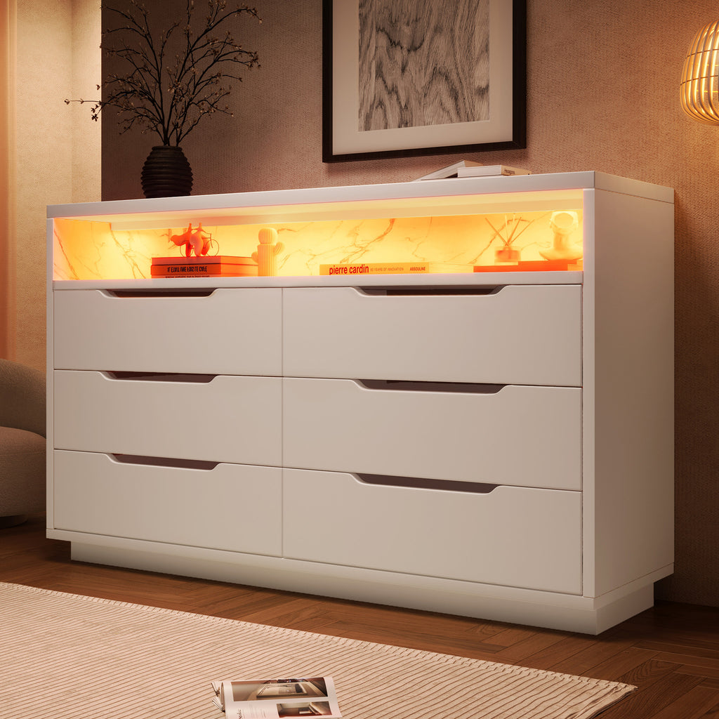 Marbled 6-Drawer Sideboard, Modern Storage Cabinet with RGB LED Lighting & Shelves, Chest of Drawers for Living Room Home Office, 85 x 120 x 40 cm, White