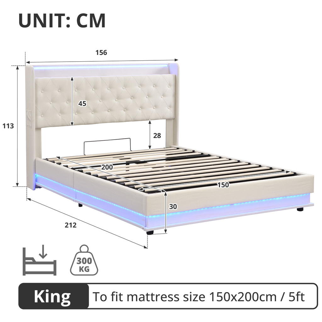 5ft King Upholstered Bed Frame with Hydraulic Storage, Linen Ottoman Bed with LED Lighting and Charging Station, LED Button Tufted Headboard with USB and Type - C Ports, No Box Spring Needed, Beige