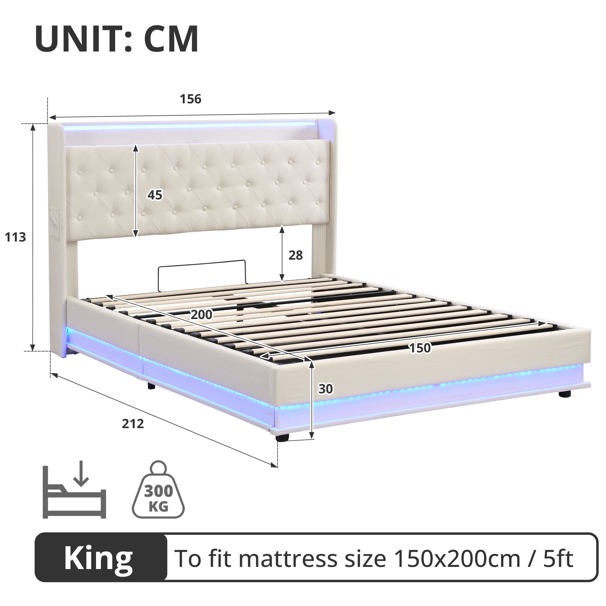 5ft King Upholstered Bed Frame with Hydraulic Storage, Linen Ottoman Bed with LED Lighting and Charging Station, LED Button Tufted Headboard with USB and Type - C Ports, No Box Spring Needed, Beige