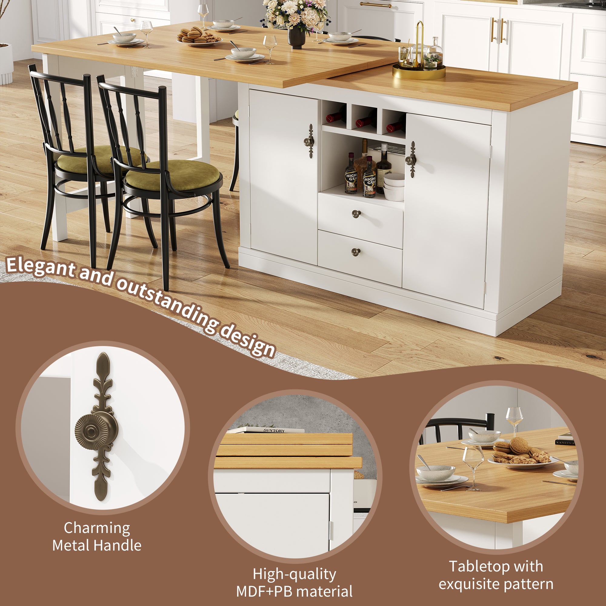 High-quality extendable bar table with 360° swivel function and storage space, adjustable length from 120-180 cm, living room, dining room, home office, black extendable designer bar table, white