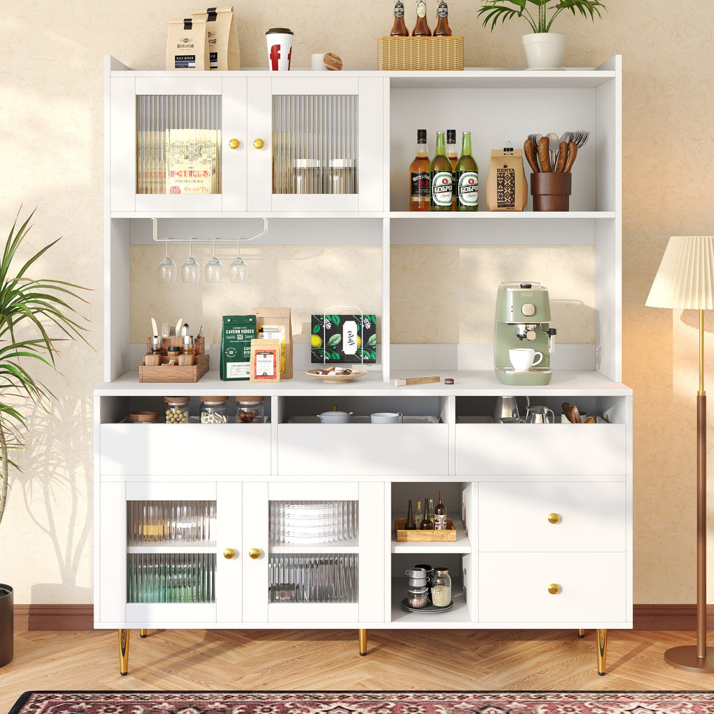 Multi-purpose Storage Cabinet(145 x 39 x 171 cm), Modern design, with Changhong glass door, Wine glass holder, Multi-layered storage space, White with gold decoration, Suitable for home and restaurant