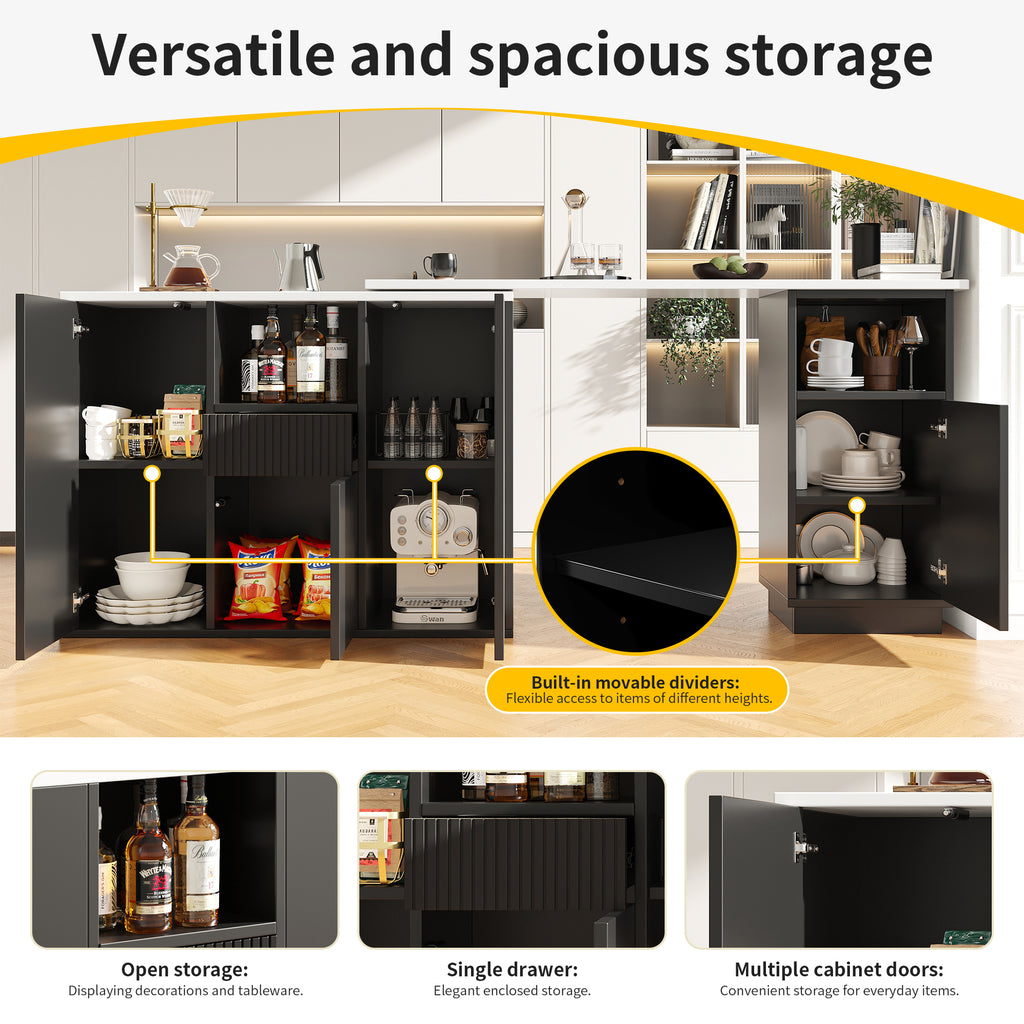 360° swivelling bar table (main body 198.5 x 30 x 75 cm), modern and sleek design, with open storage space and marble worktop, suitable for kitchen, living room and dining room, black