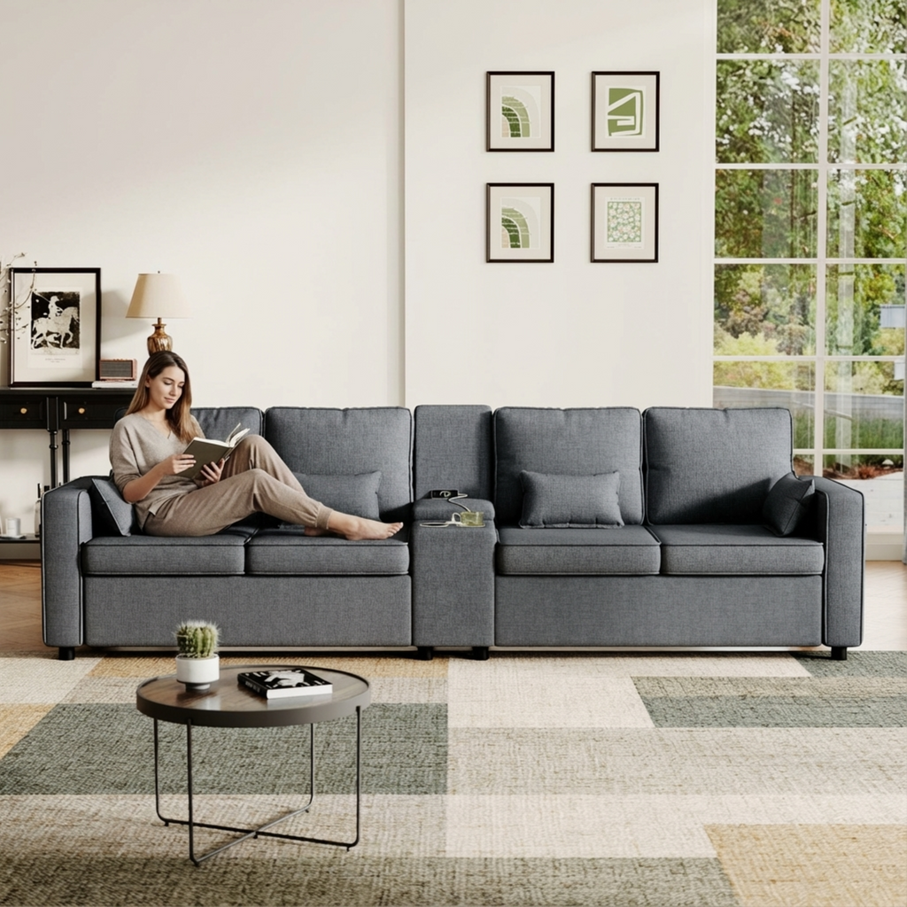4-Seater Modern Sofa with Storage Console, Minimalist Style Couch with Side Pockets, Cup Holders and Charging Ports (USB & Type-C), for Living Room, Apartment, Office,Grey, Linen Fabric