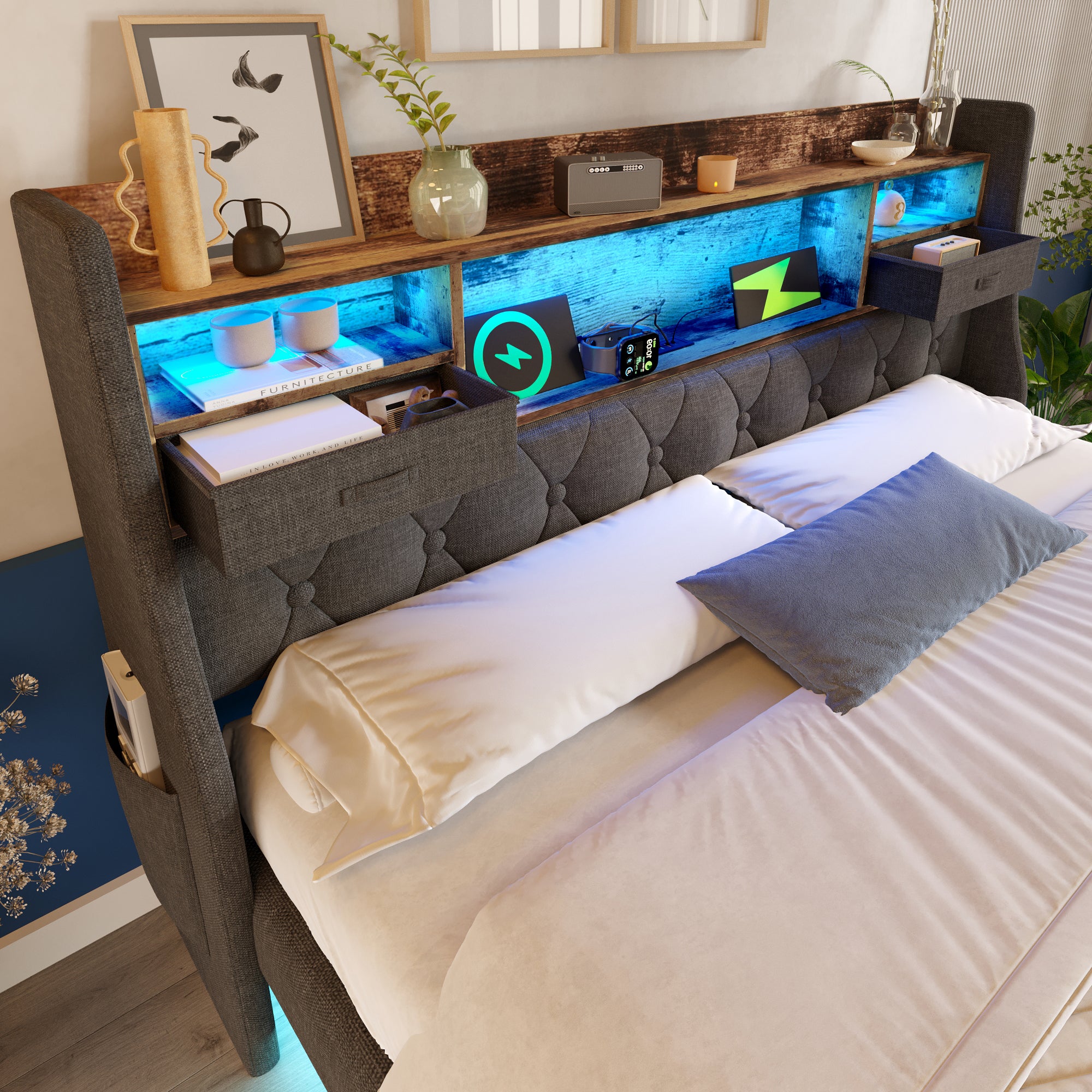 Upholstered Bed 6ft Floating Bed with LED Lighting, USB Type-C Charging, Storage Headboard for Cellphones & Tablets,  180 x 200 cm Super King Bed, Linen, Grey (No Mattress)