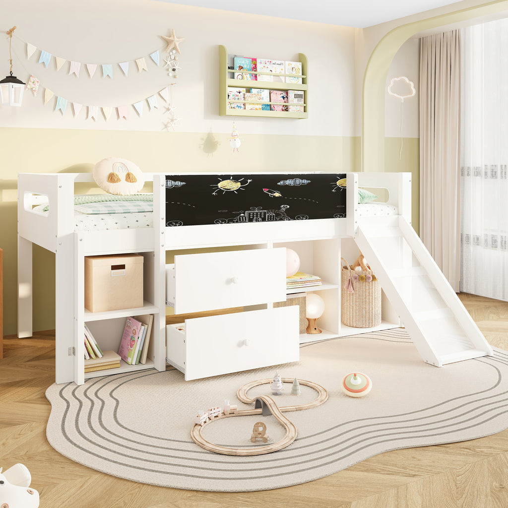 3ft Single Modern Wood Bed with Slide & Blackboard, Wooden Children's Cabin Bed with 2 Drawers & Storage Shelves, Interchangeable Ladder, Space-Saving Loft Bed, White (No Mattress)